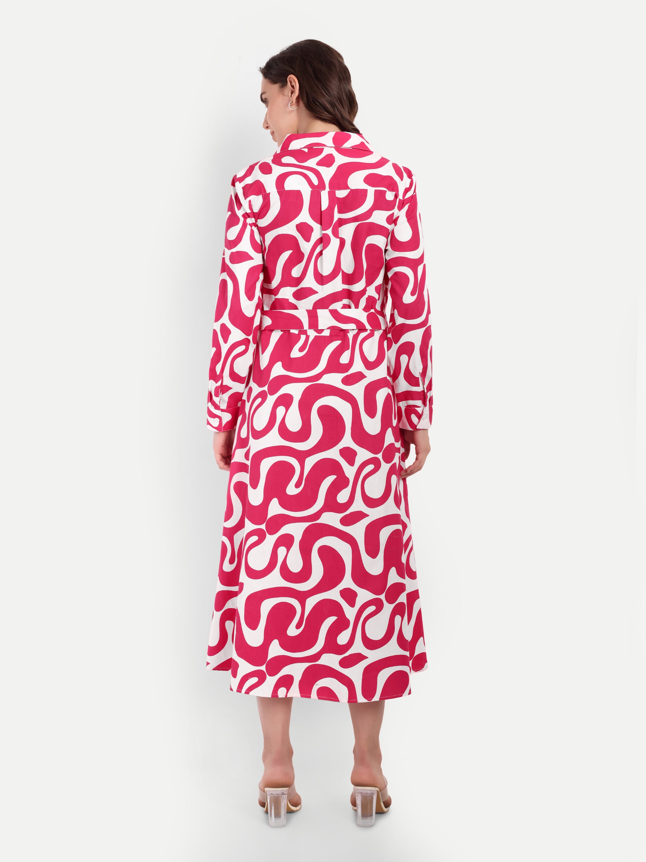 Pink Swirl Belted Shirt Dress