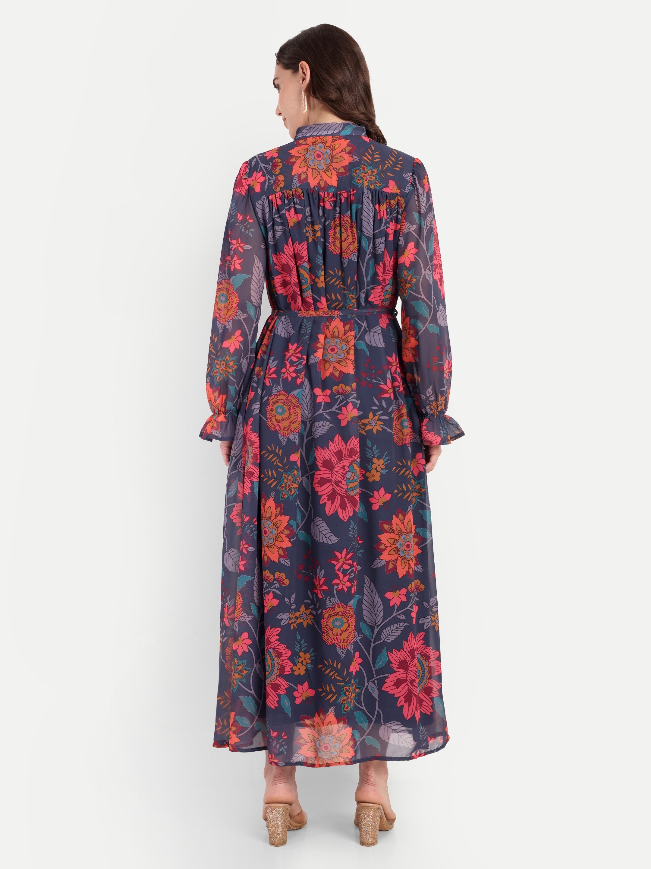 Midnight Bloom Tie-Neck Maxi Dress