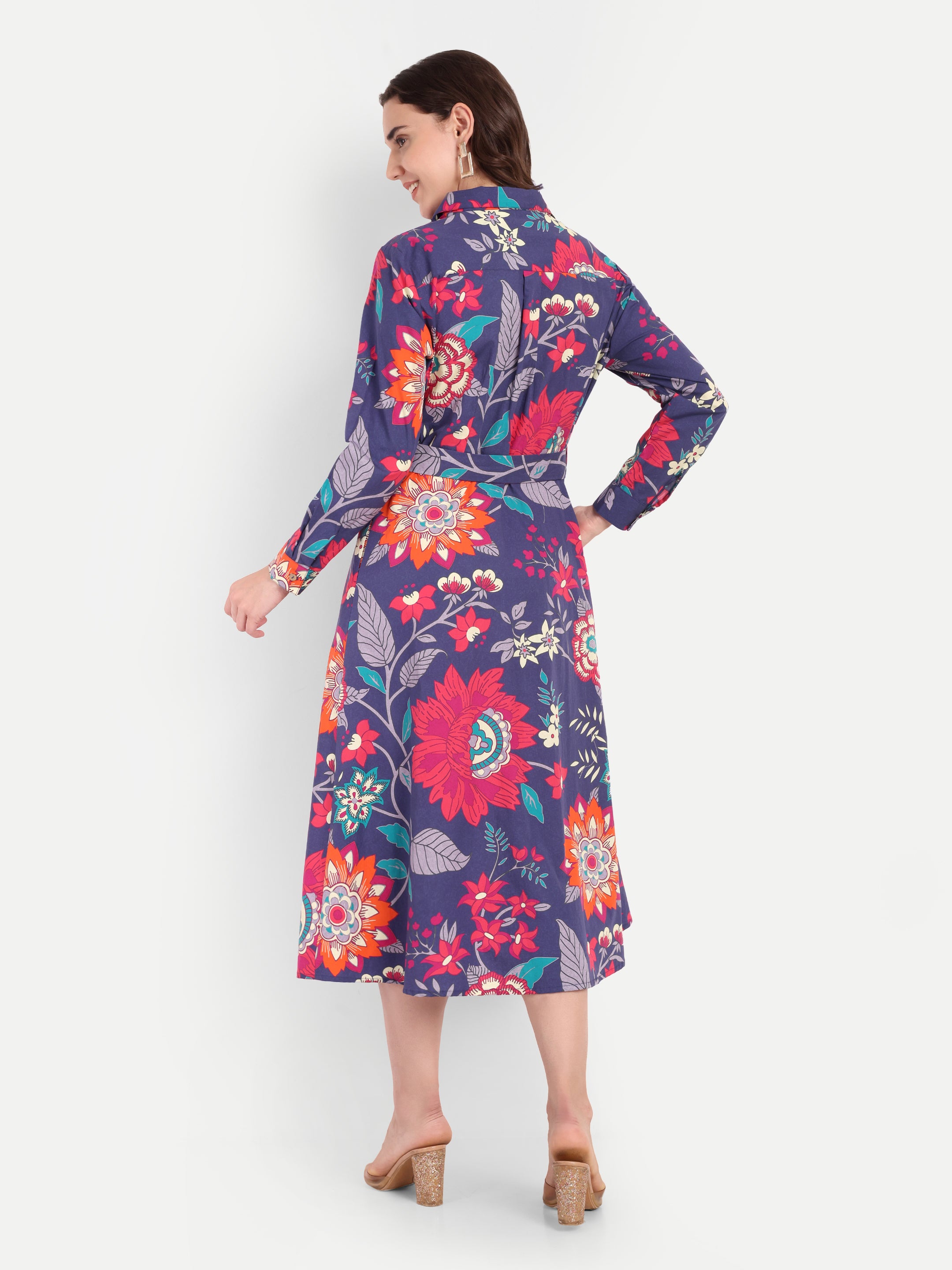 Midnight Bloom Belted Shirt Dress