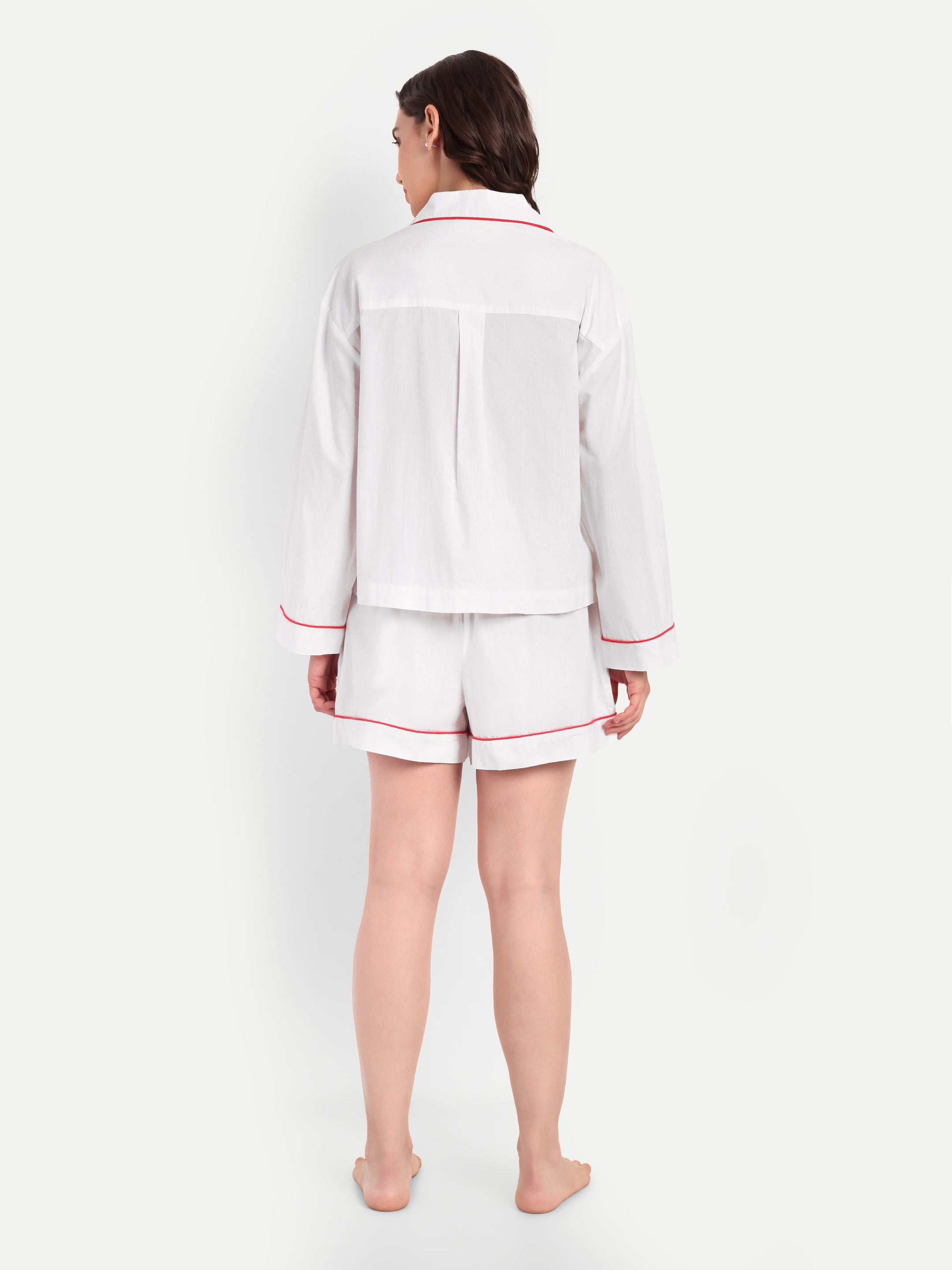 White Red Piping Short Set