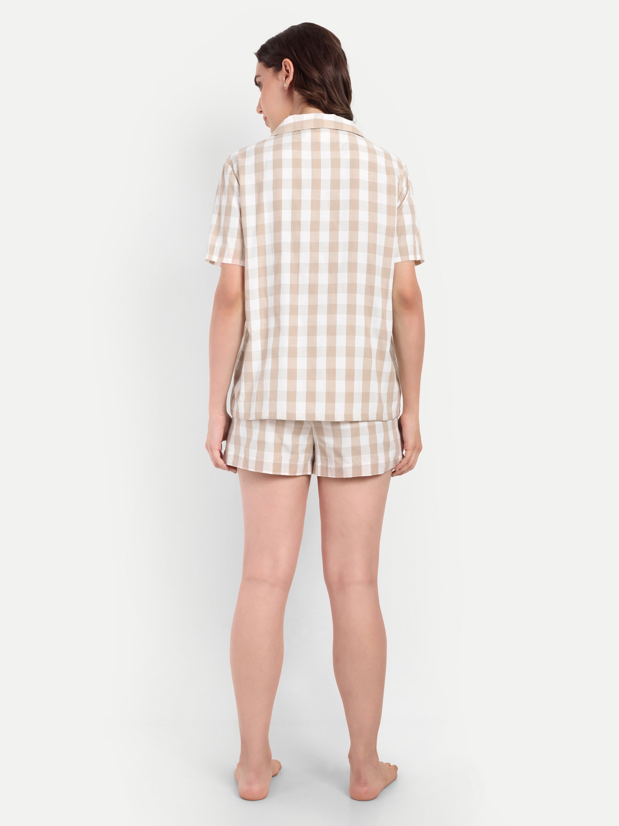 Beige Gingham Check Short Set