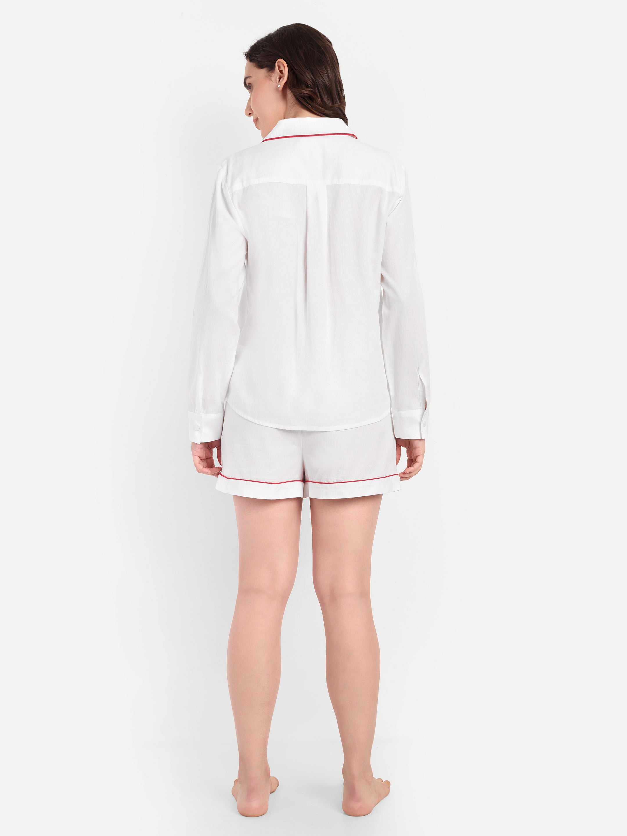 White Red Piping Long Shirt Short Set