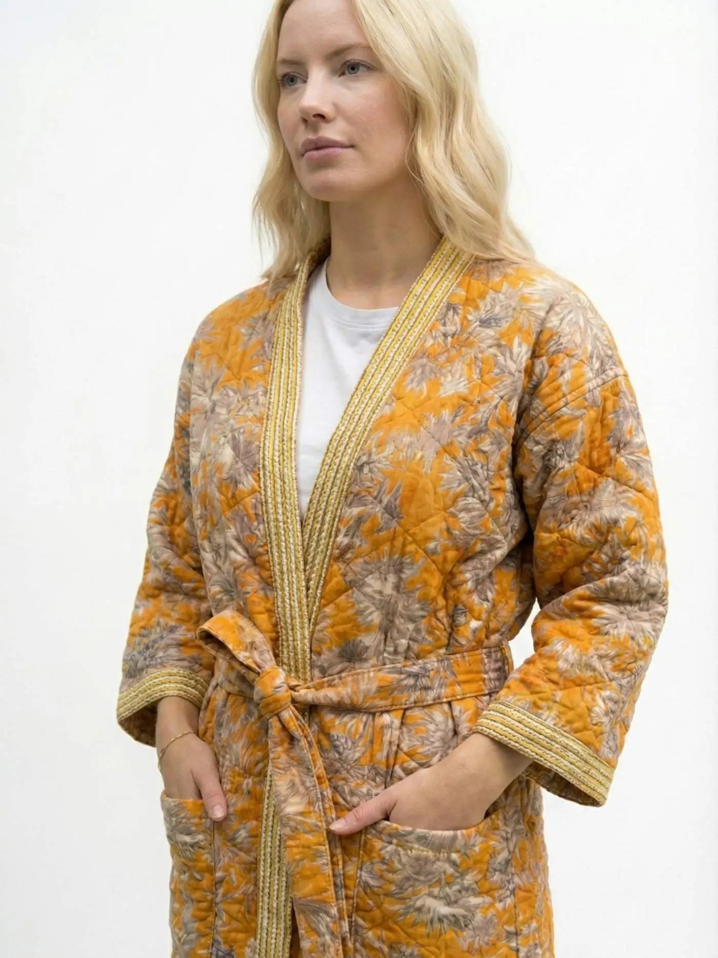 Quilted cotton puffer kimono jacket Yellow