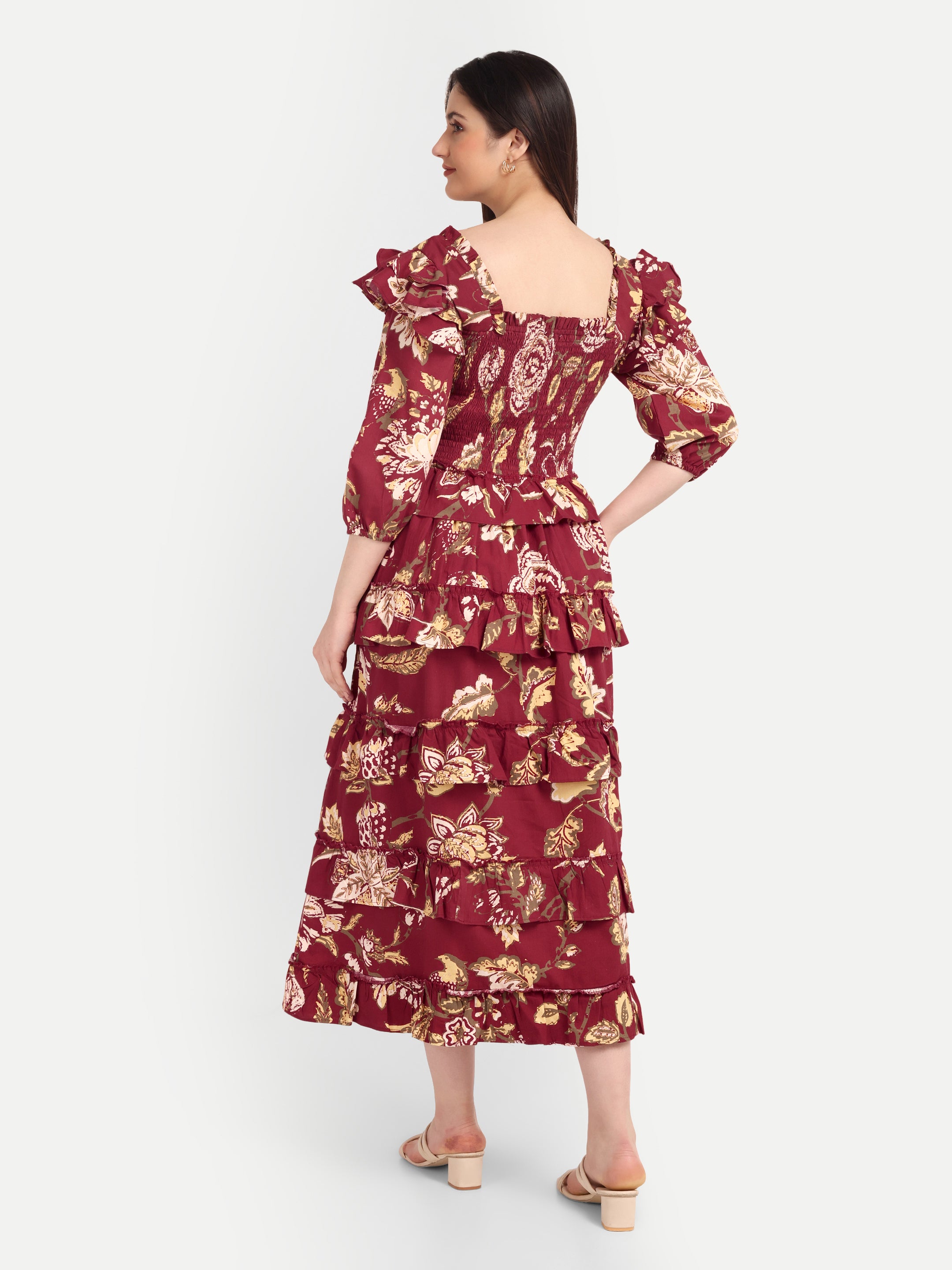 Burgundy Bloom Tiered Midi Dress