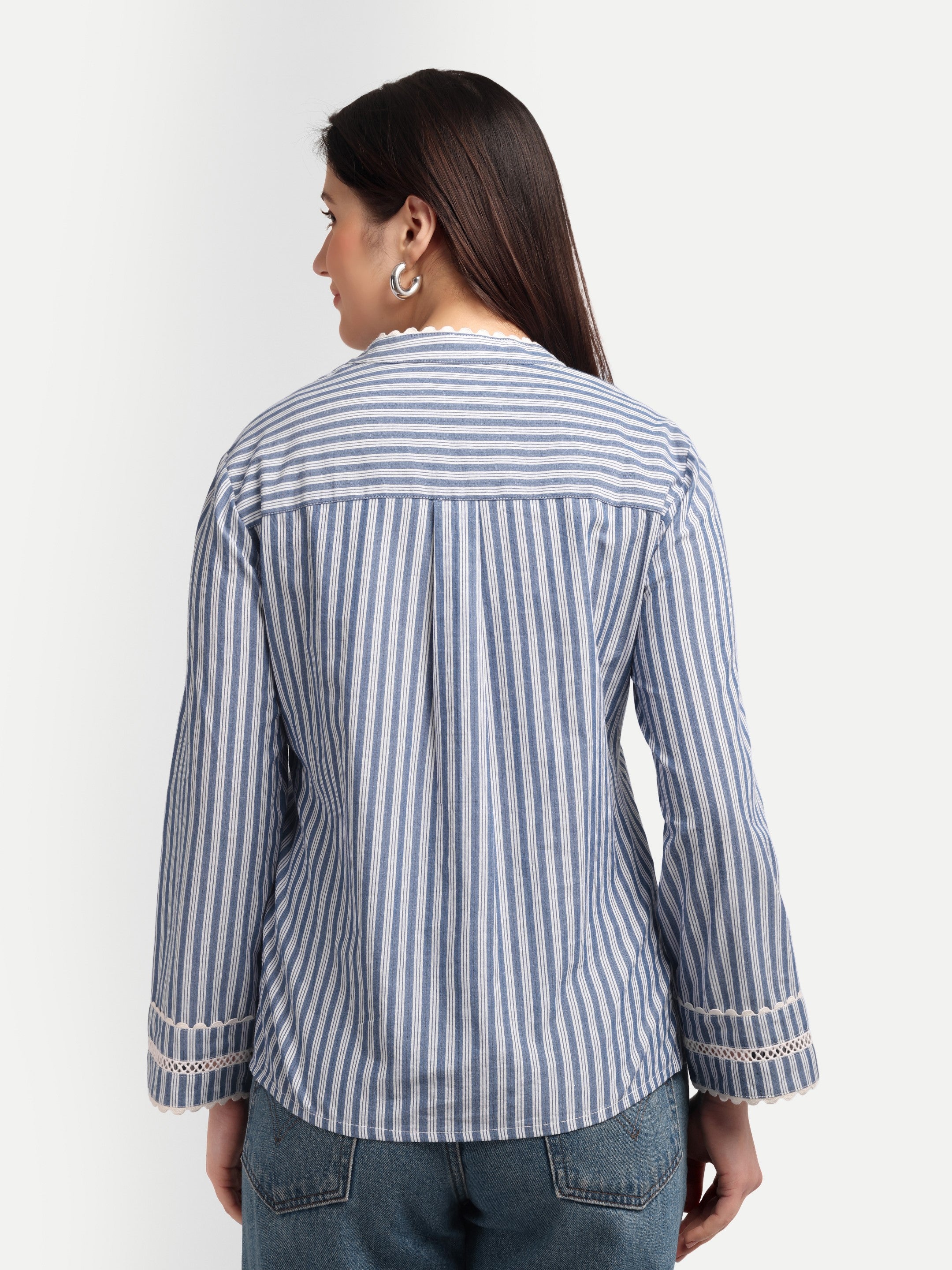 Blue Pinstripe Lace Detail Top