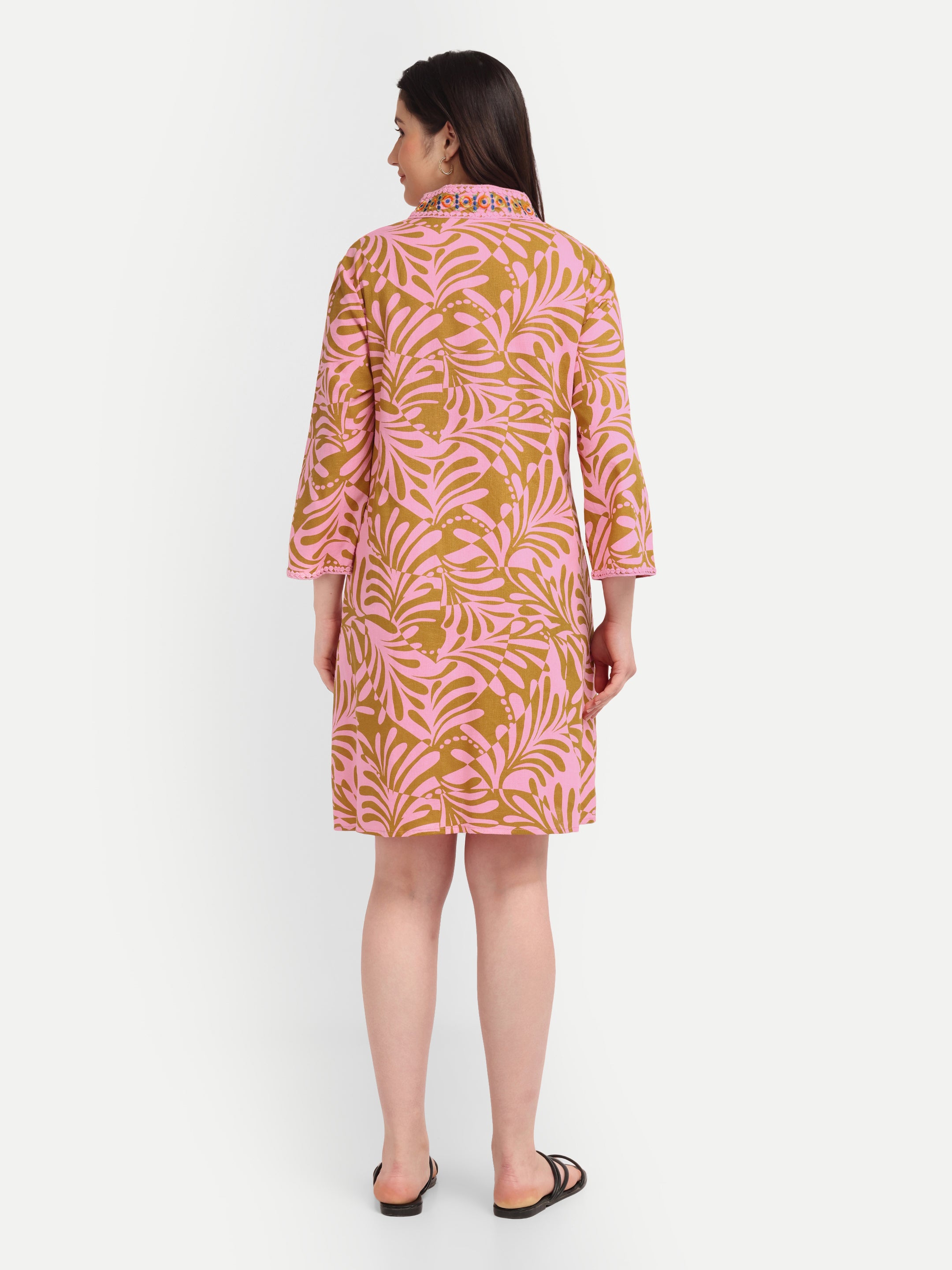 Pink Palm-Print 
Embroidered Dress