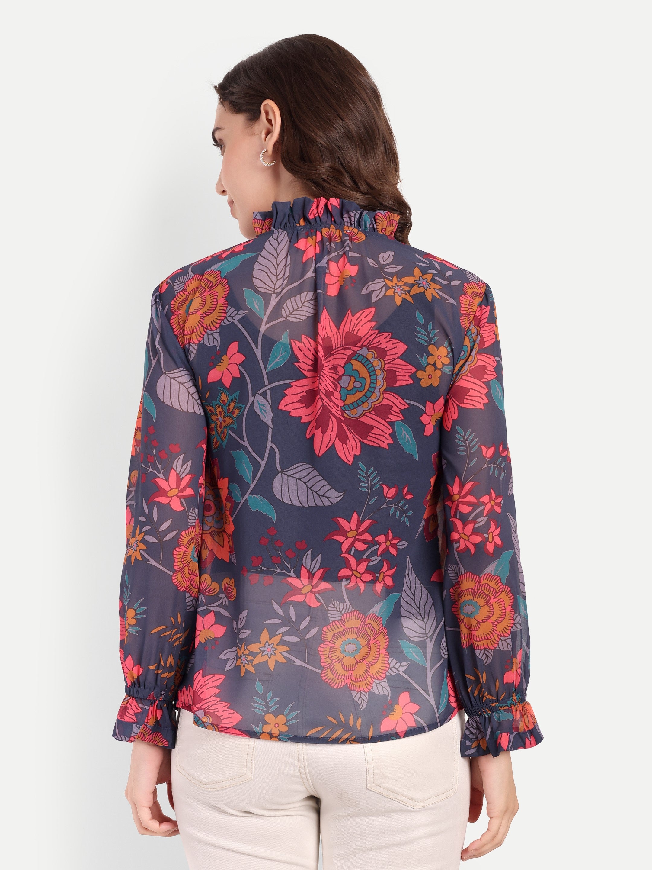 Midnight Bloom Ruffle Neck Top