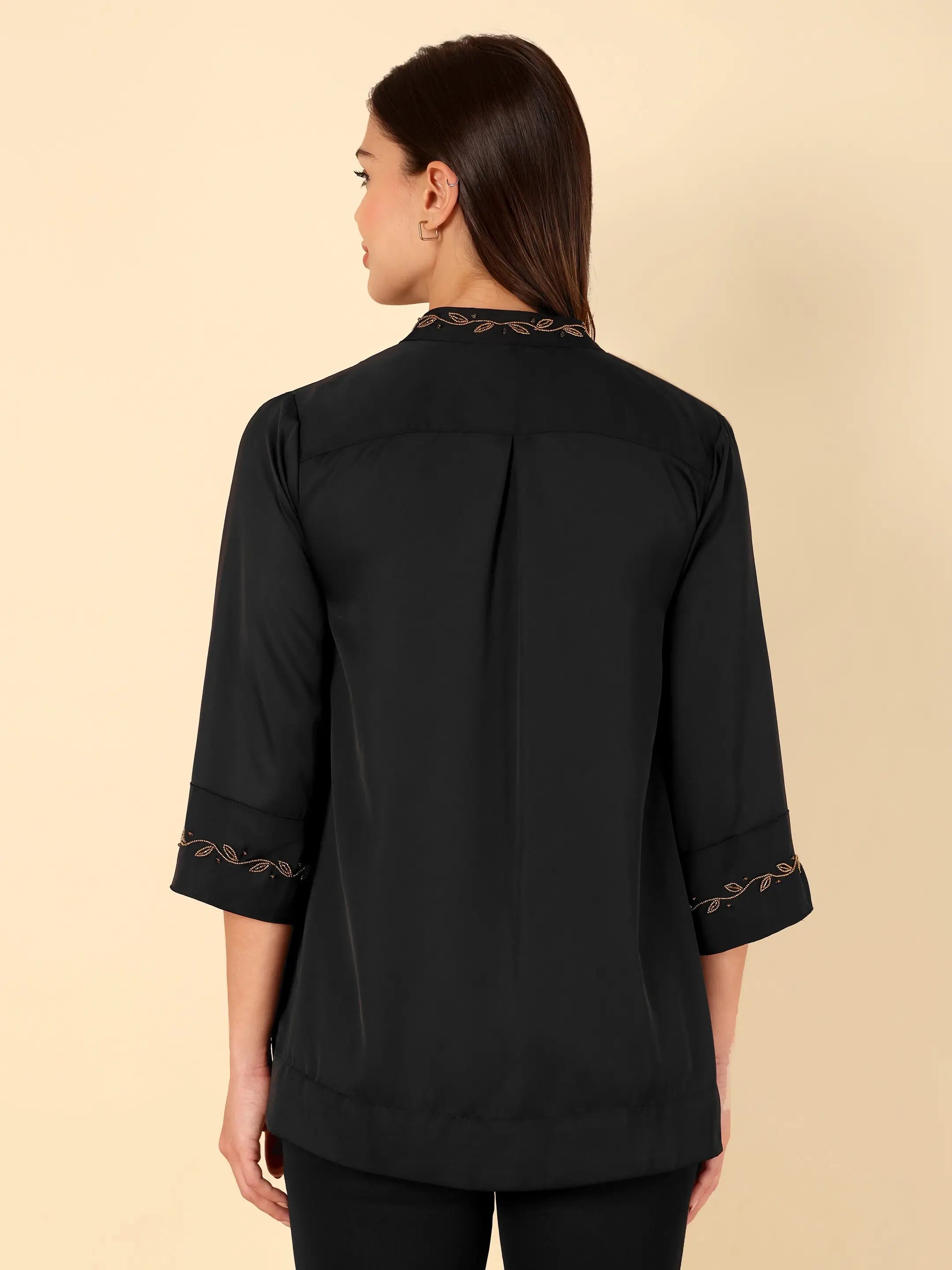 Black Poly Satin Embroidered Top