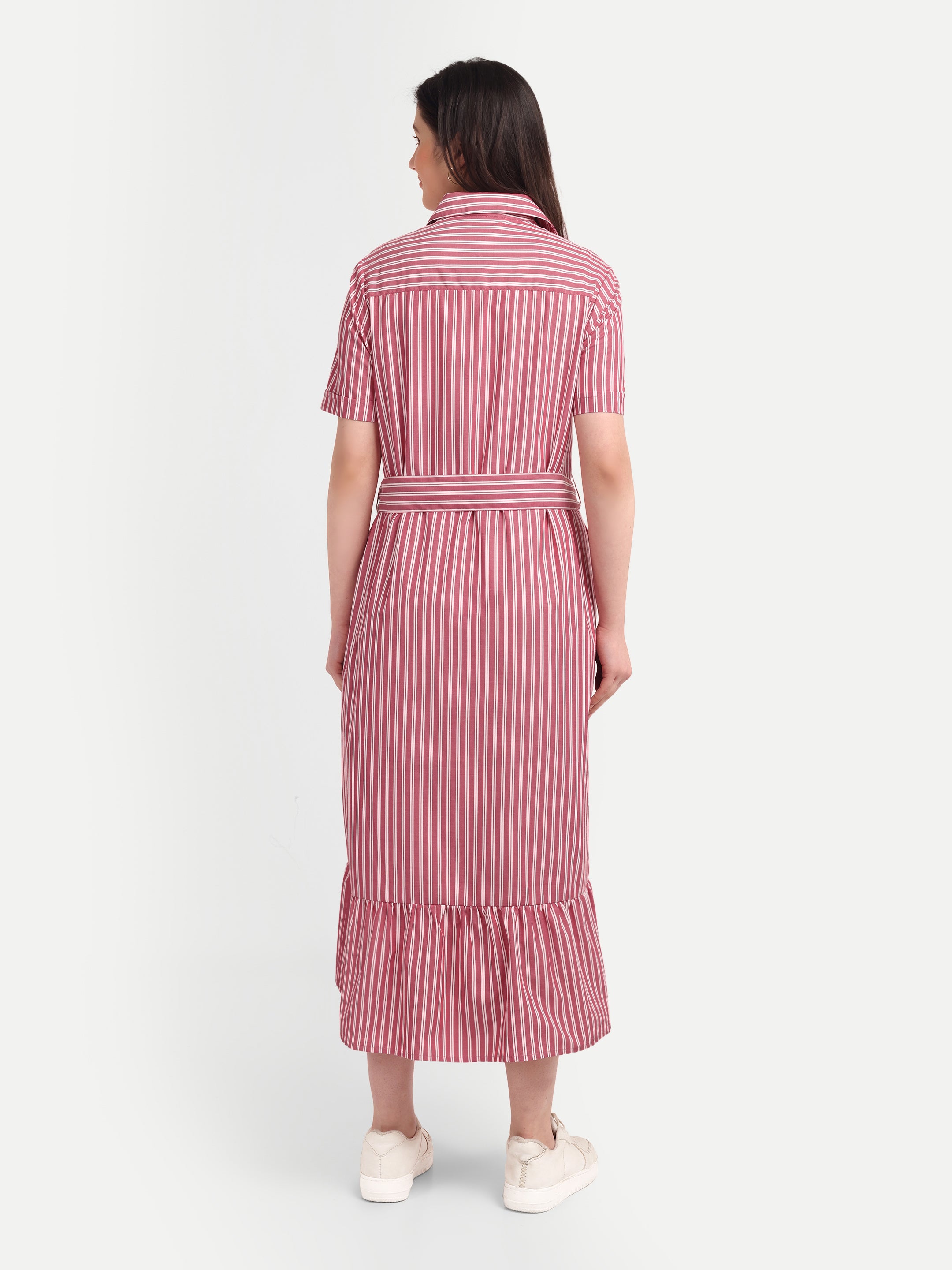 Classic Striped Shirt 
Midi Dress with Tie Belt