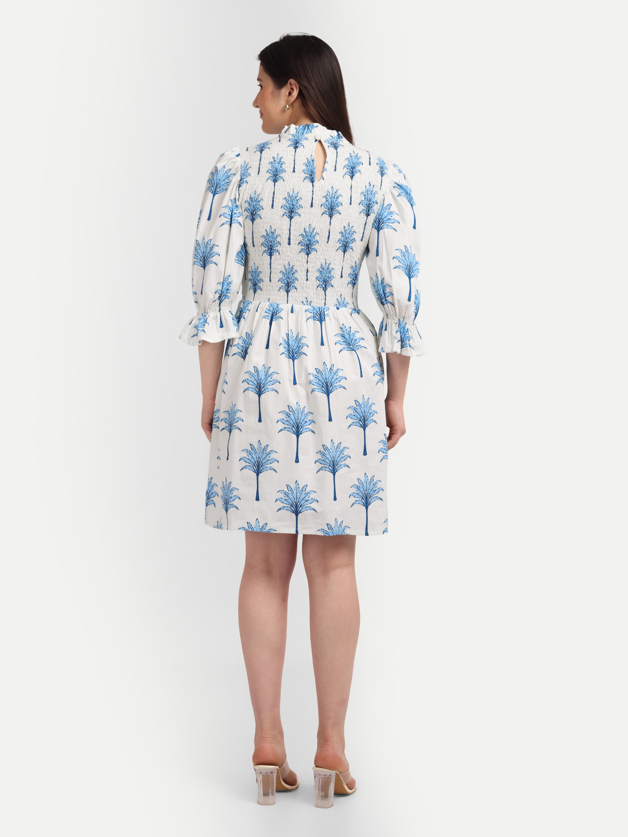 Blue Palm Smocked 
Midi Dress