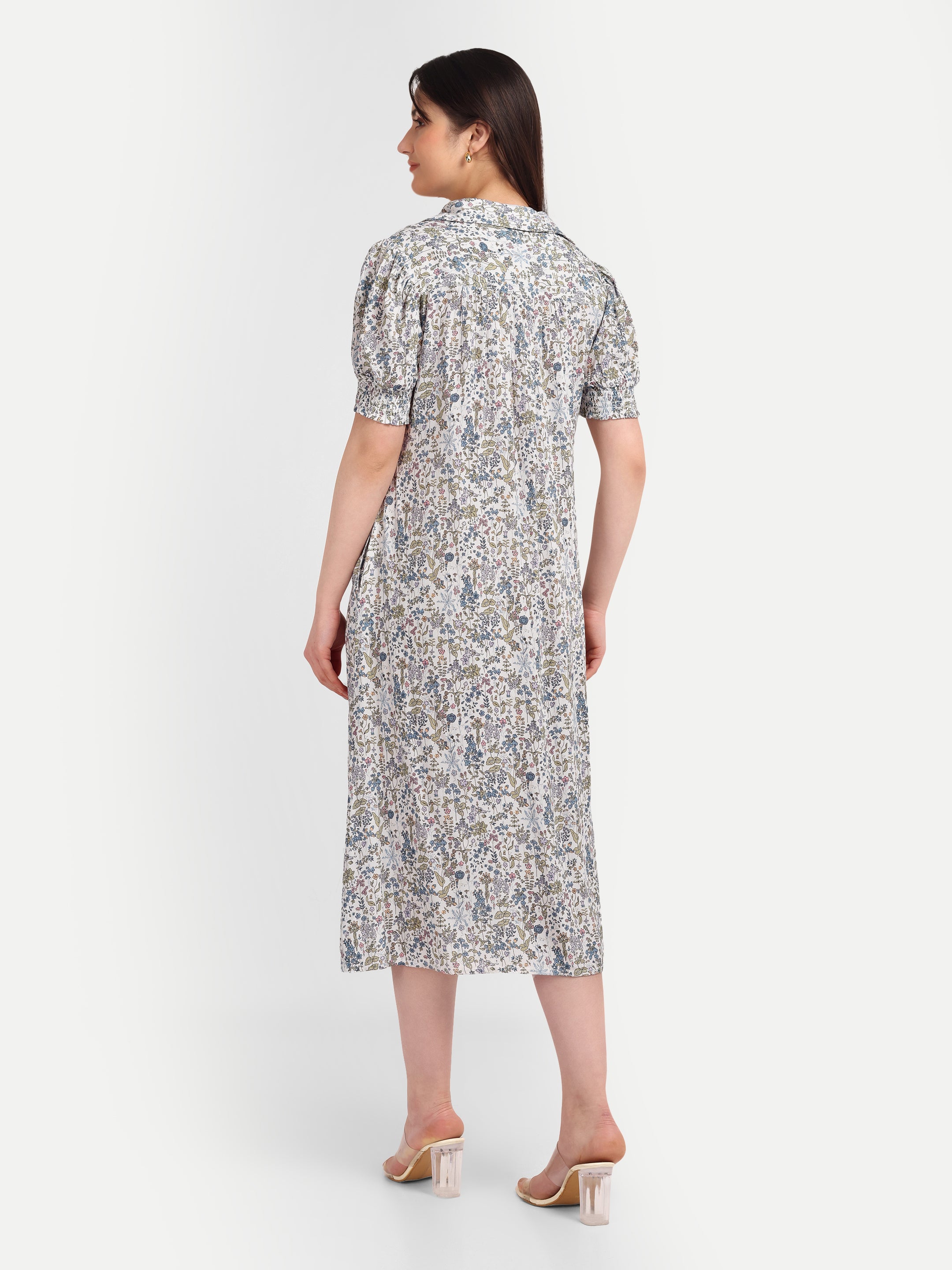 Floral Puff-Sleeve 
Shirt Dress
