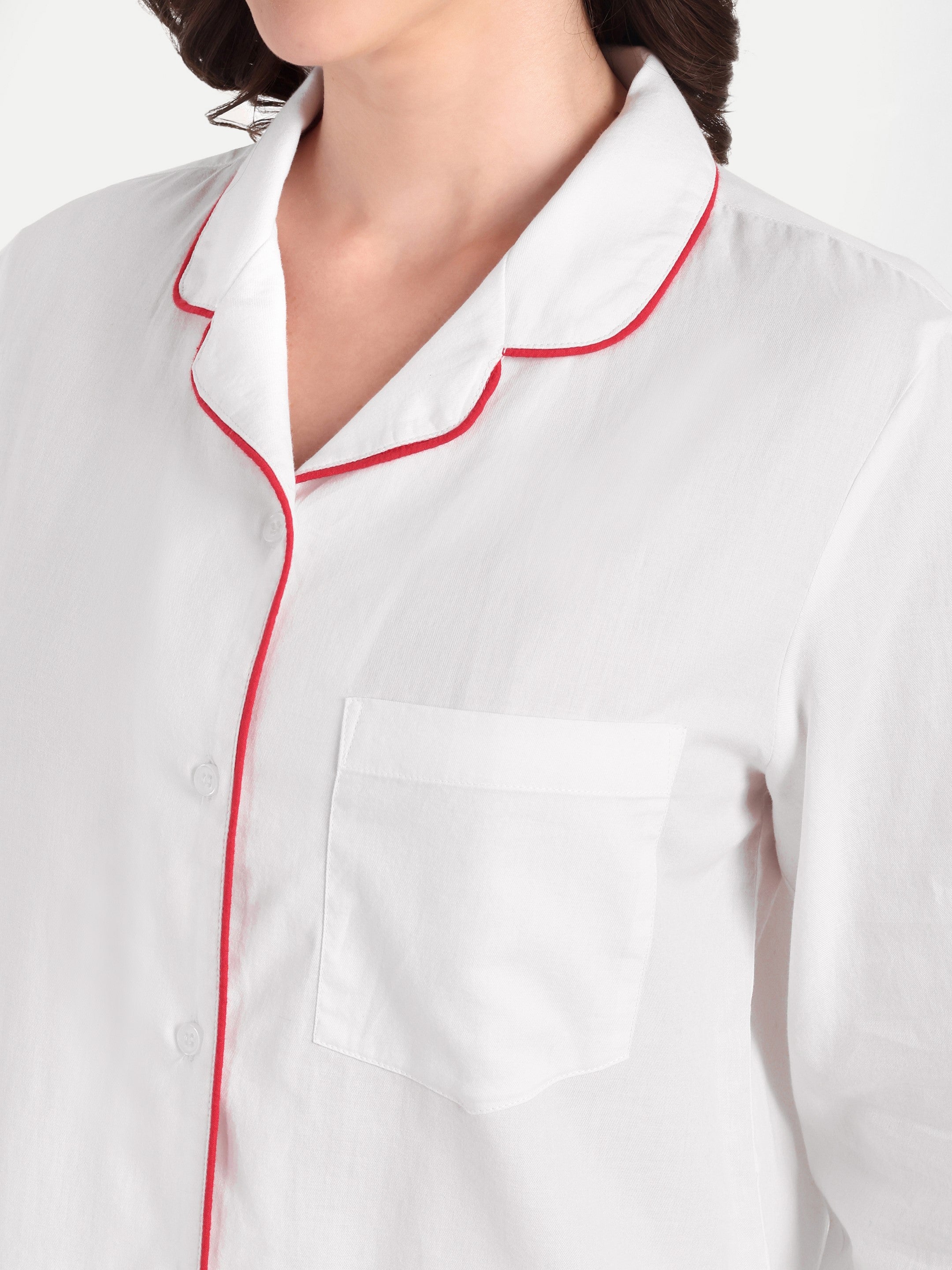 White Red Piping Long Shirt Short Set