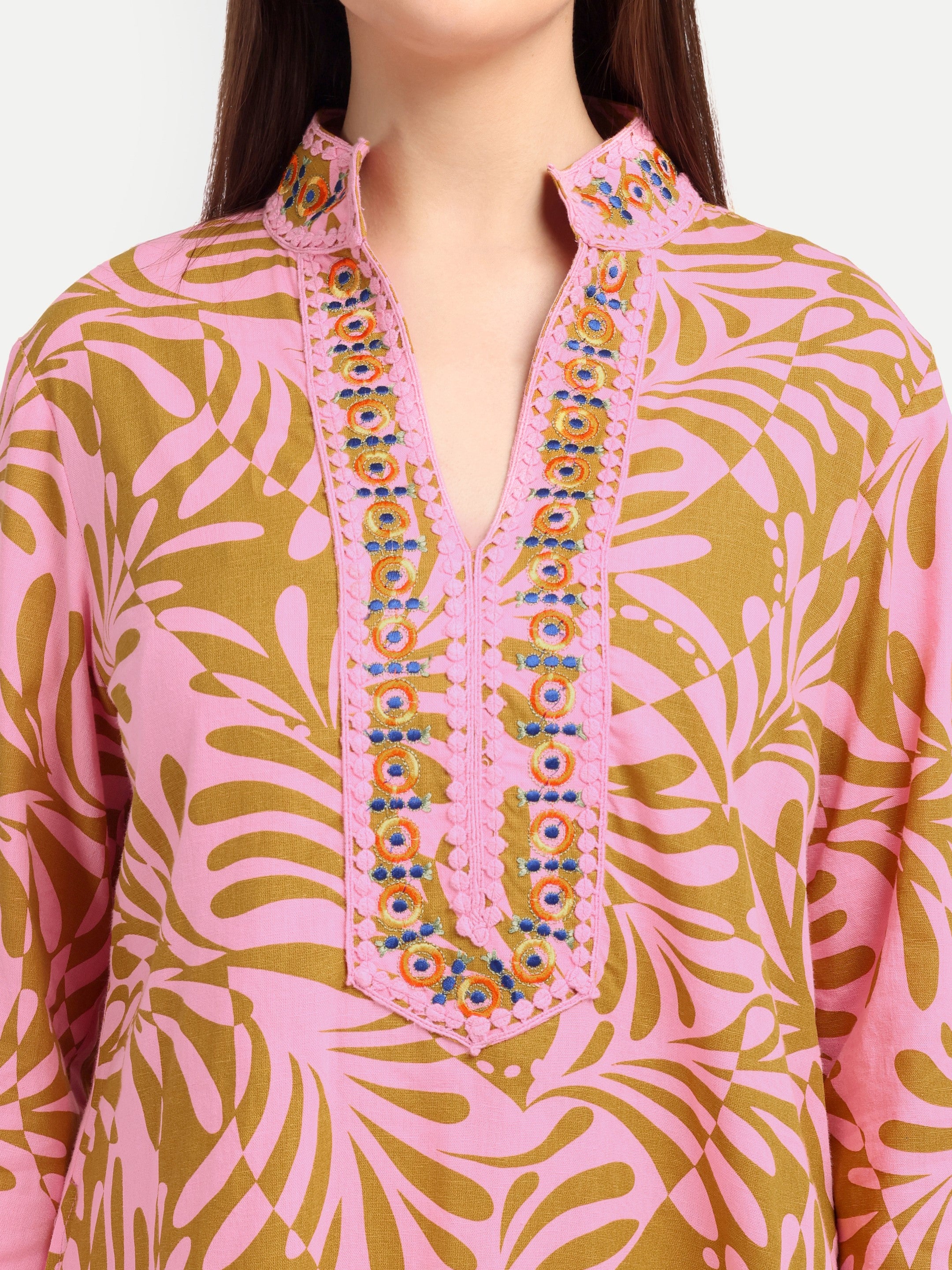 Pink Palm-Print 
Embroidered Dress