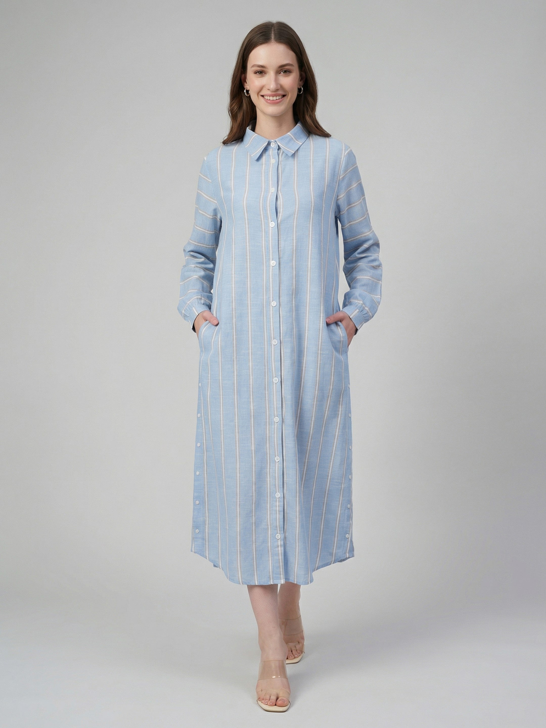 Blue Stripe Shirt Midi Dress