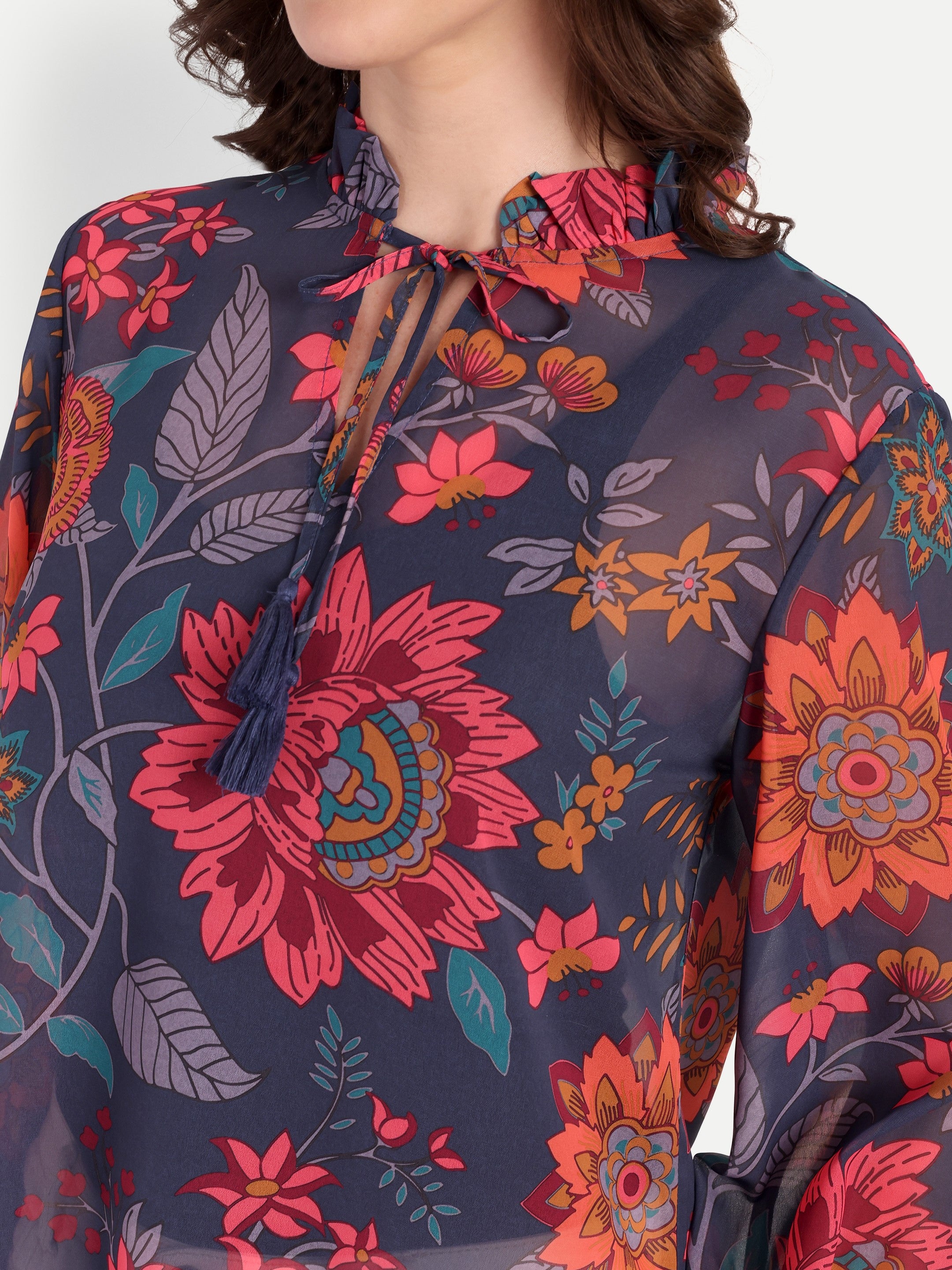 Midnight Bloom Ruffle Neck Top