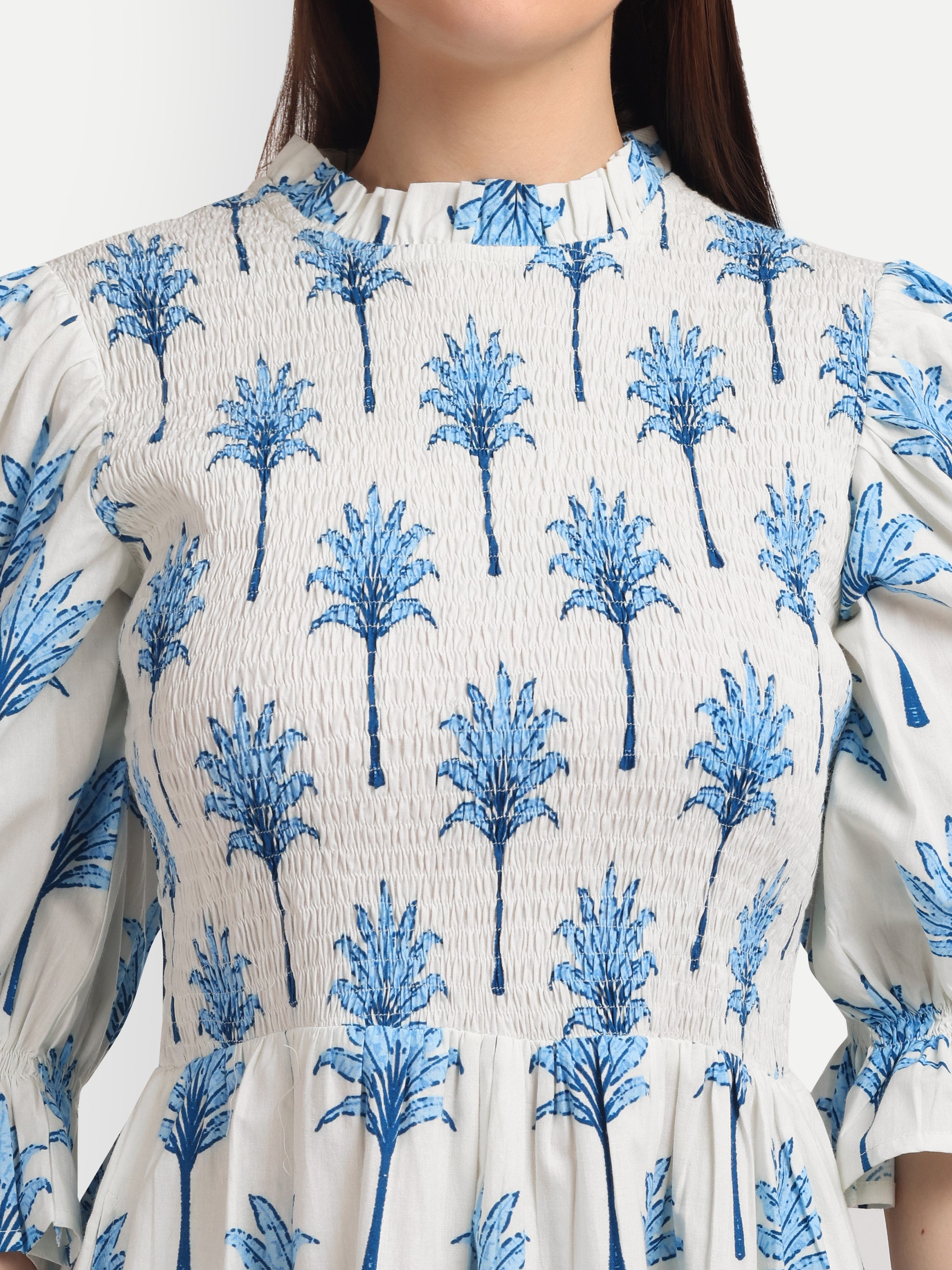 Blue Palm Smocked 
Midi Dress