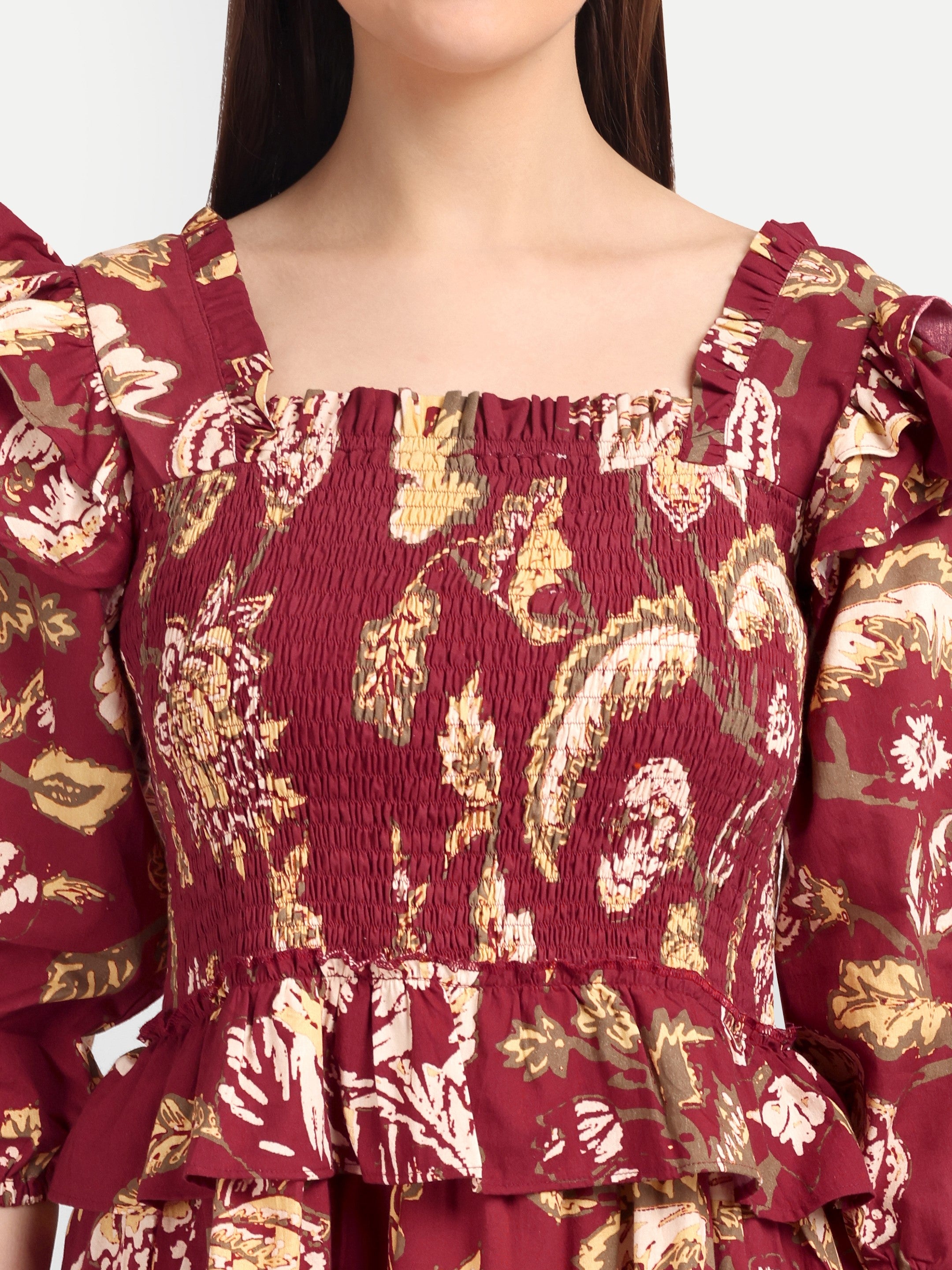 Burgundy Bloom Tiered Midi Dress