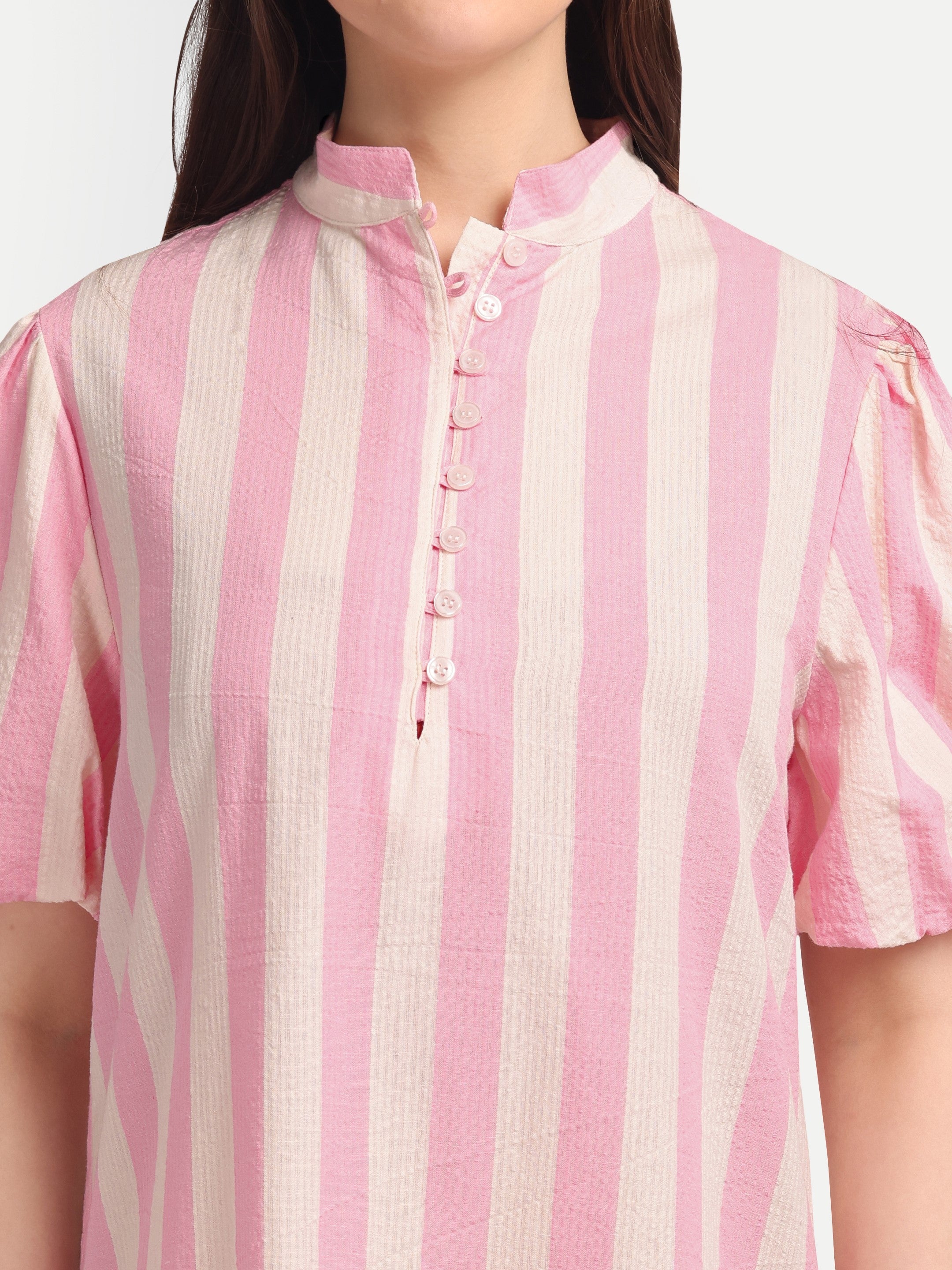 Pastel Stripe Puff-Sleeve
Shift Dress