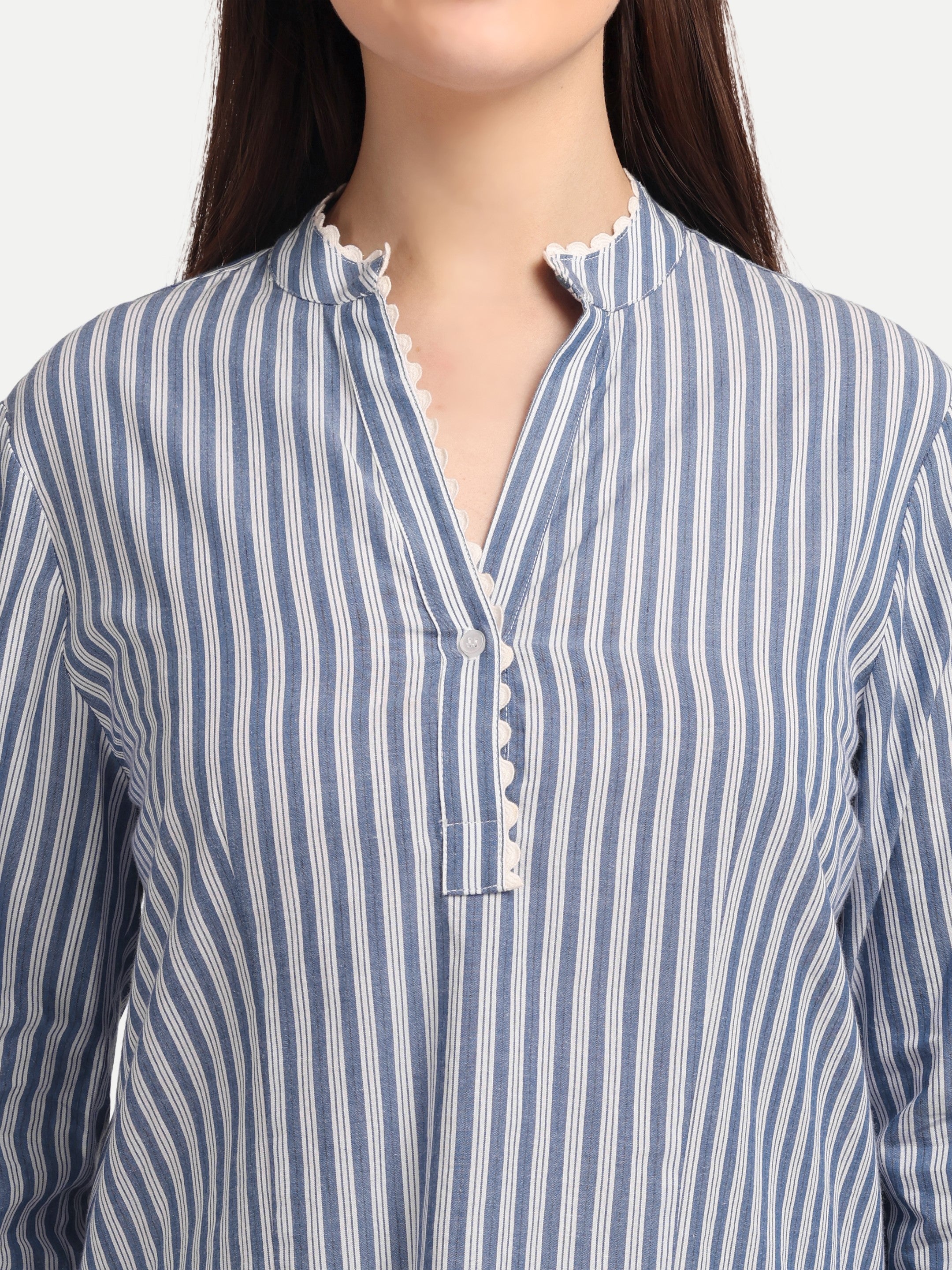 Blue Pinstripe Lace Detail Top