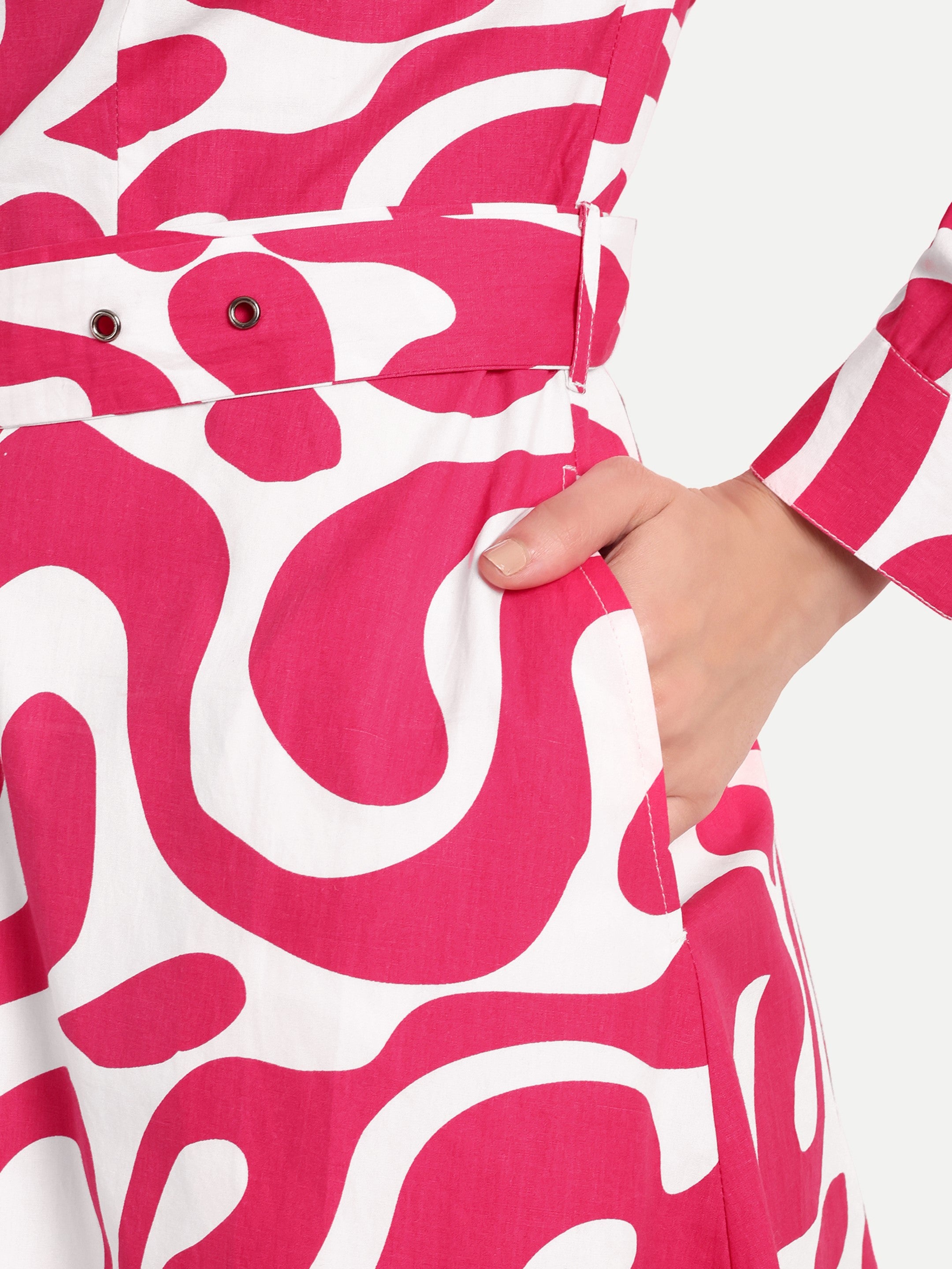 Pink Swirl Belted Shirt Dress