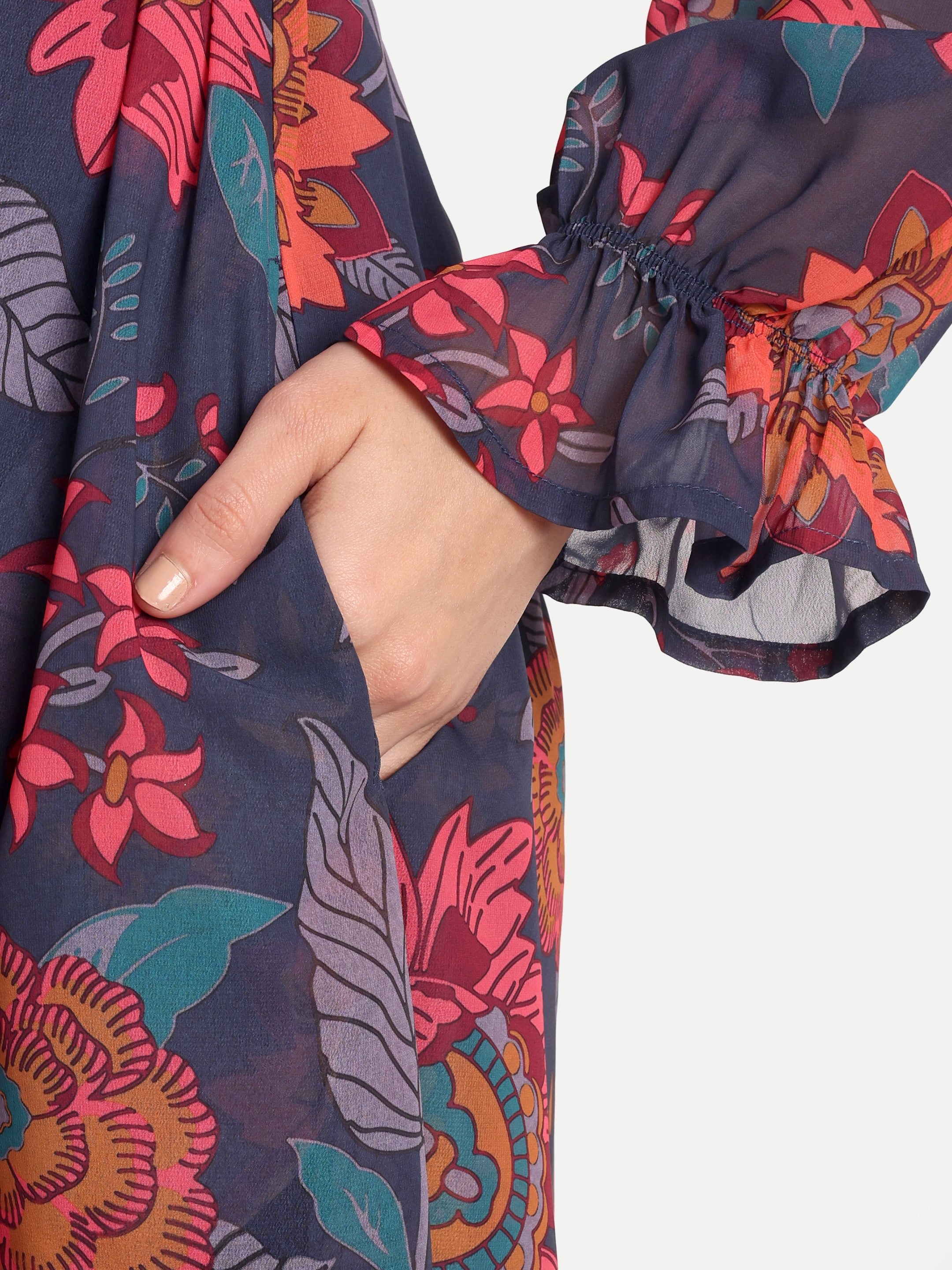 Midnight Bloom Tie-Neck Maxi Dress