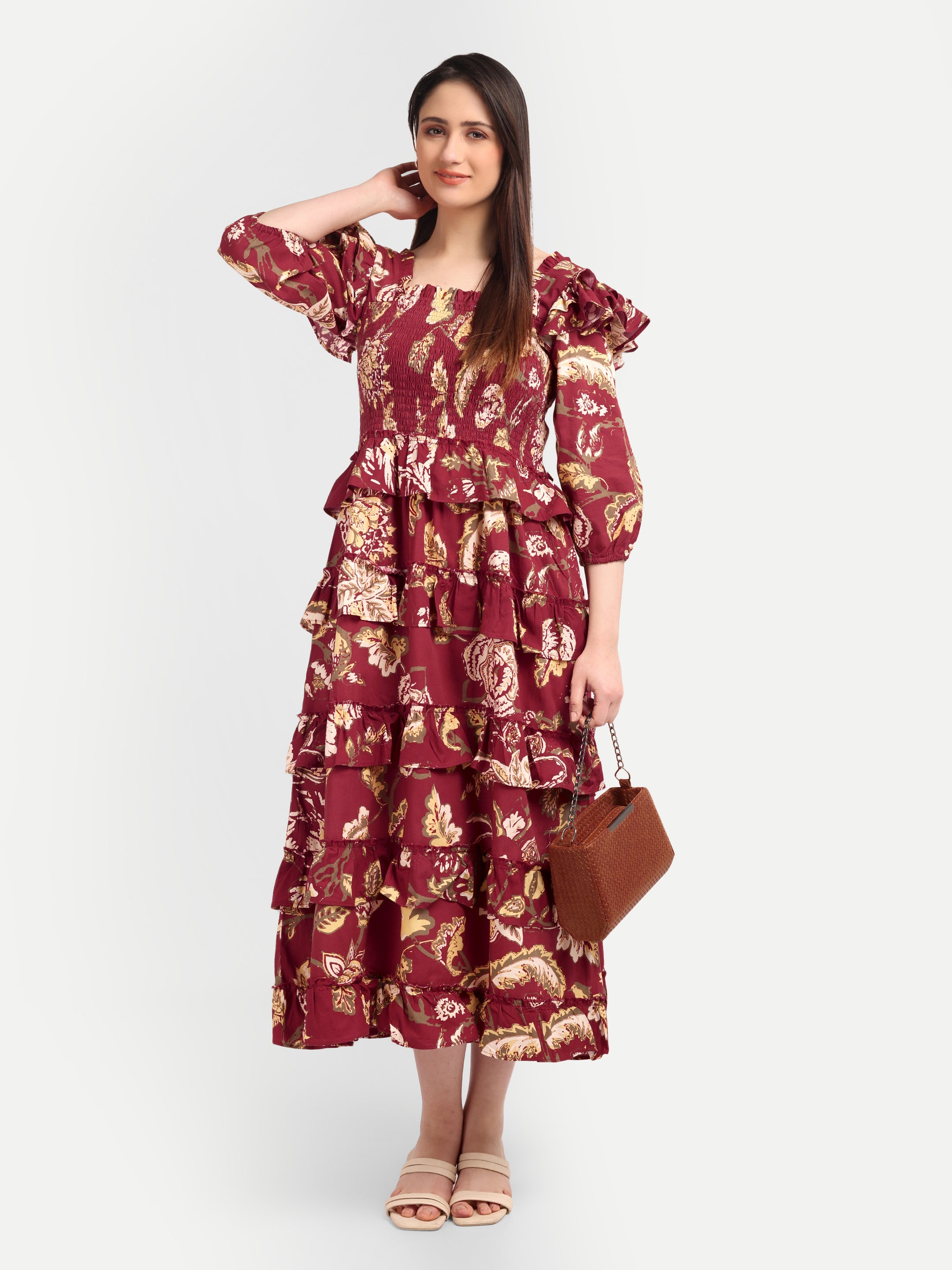 Burgundy Bloom Tiered Midi Dress