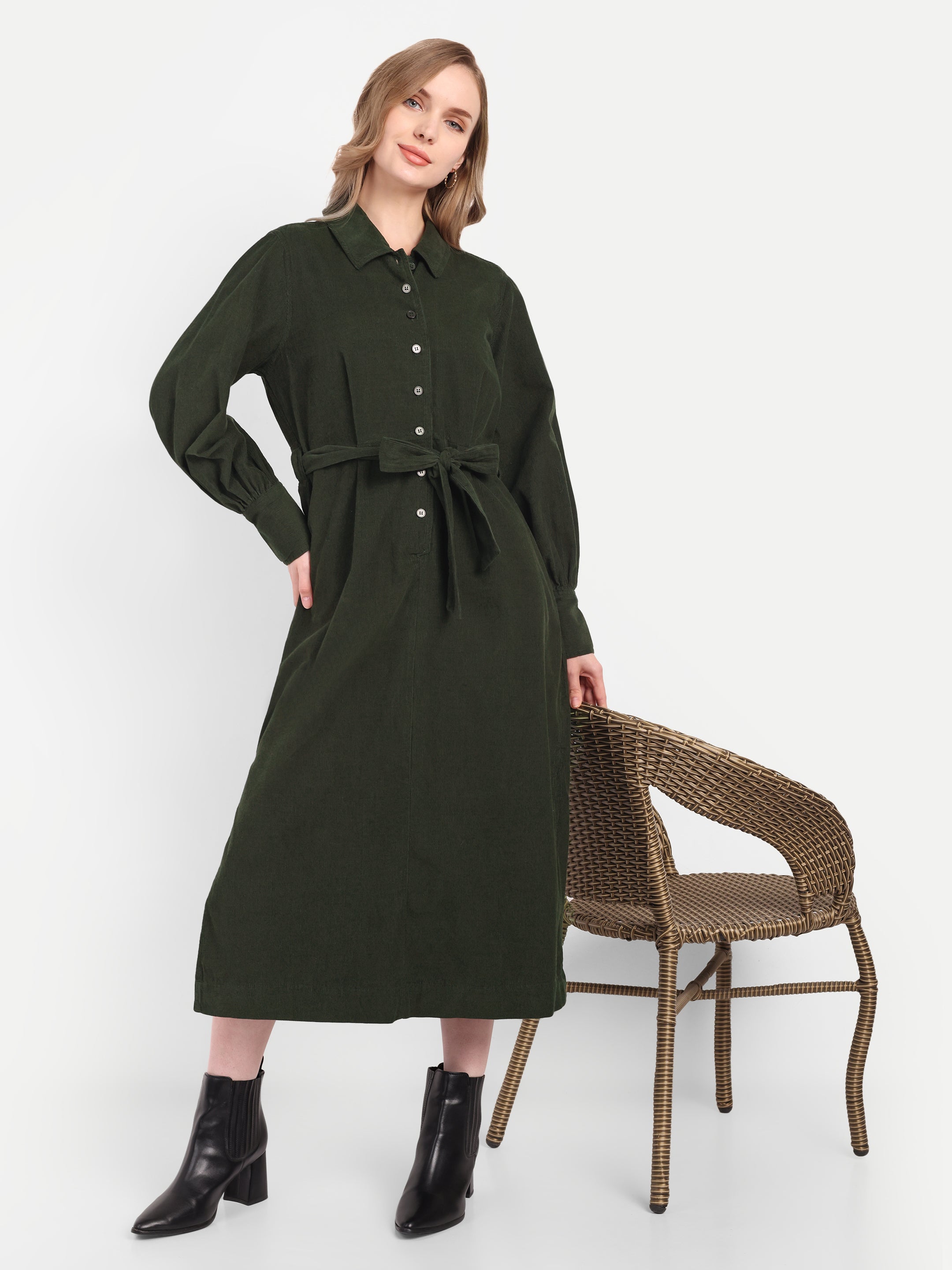 Olive Corduroy Shirt Dress