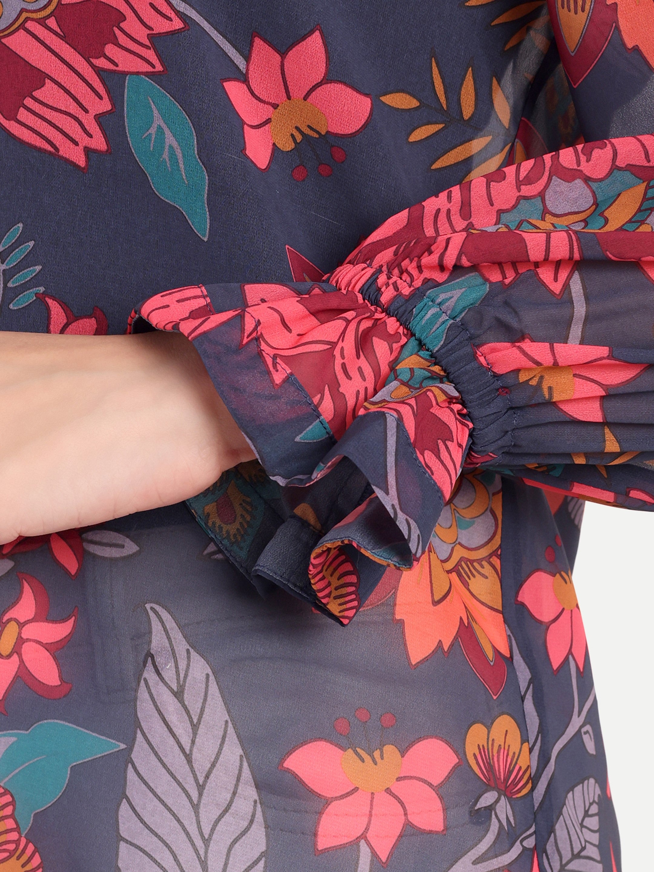 Midnight Bloom Ruffle Neck Top
