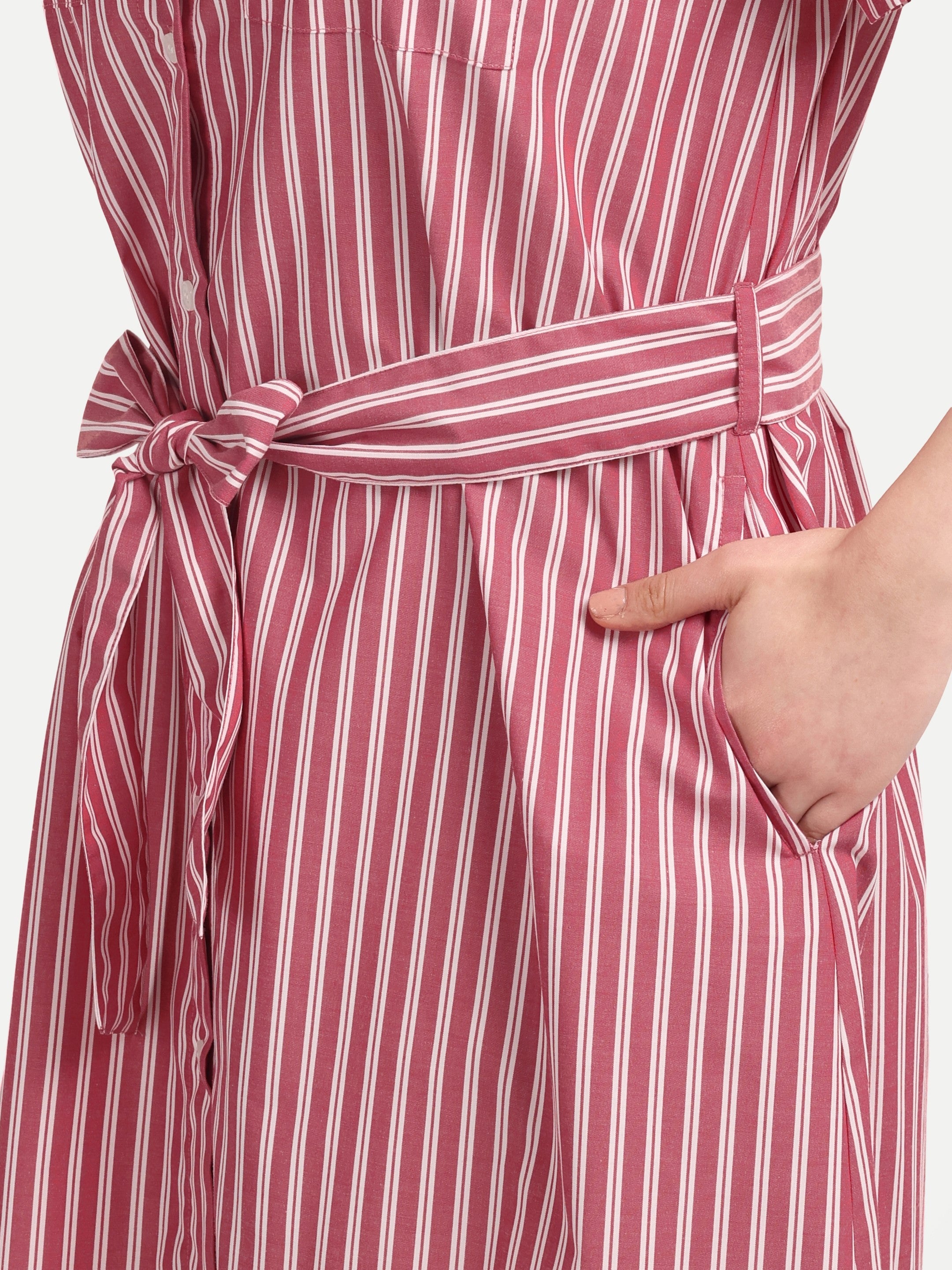 Classic Striped Shirt 
Midi Dress with Tie Belt
