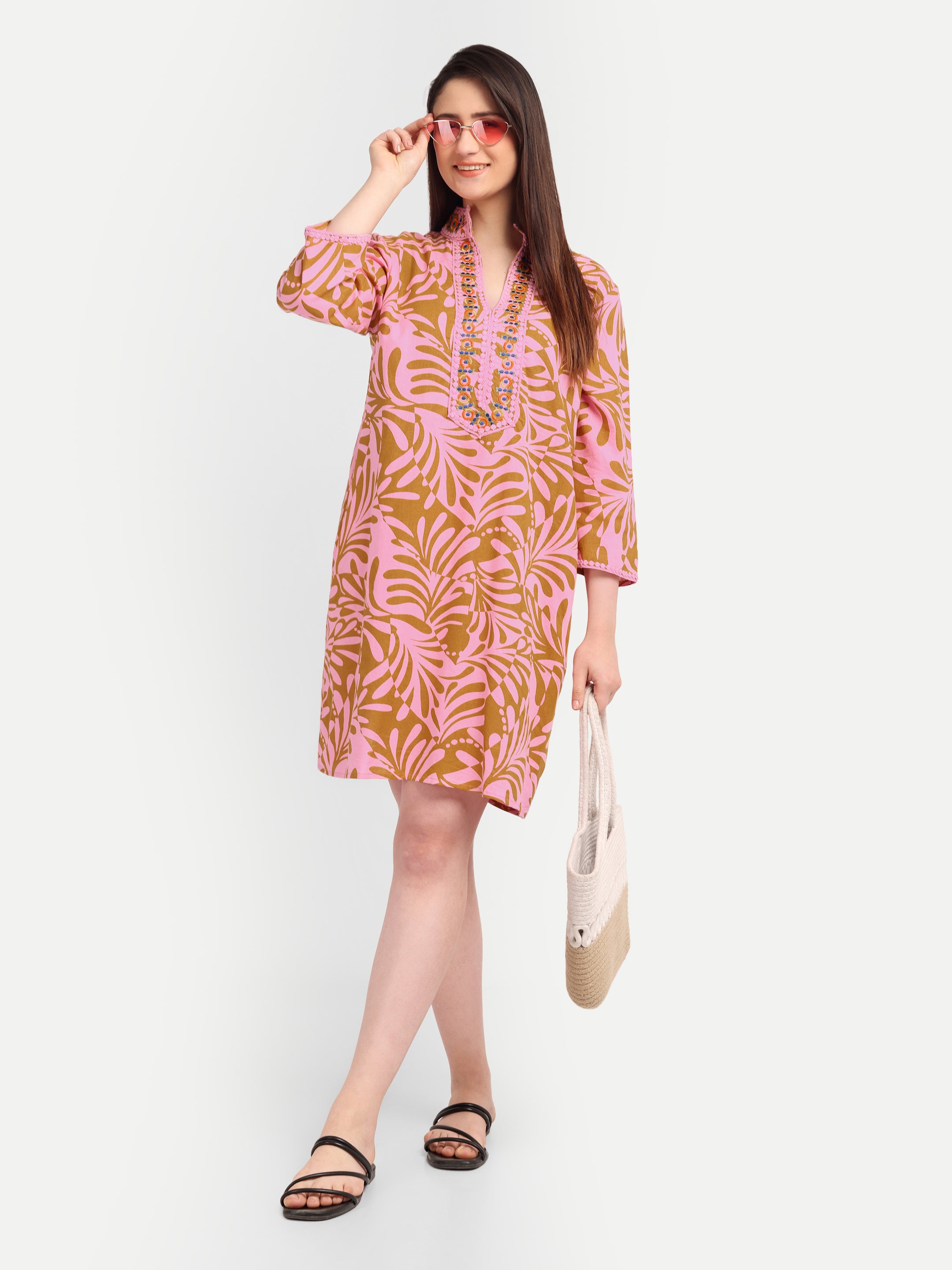 Pink Palm-Print 
Embroidered Dress