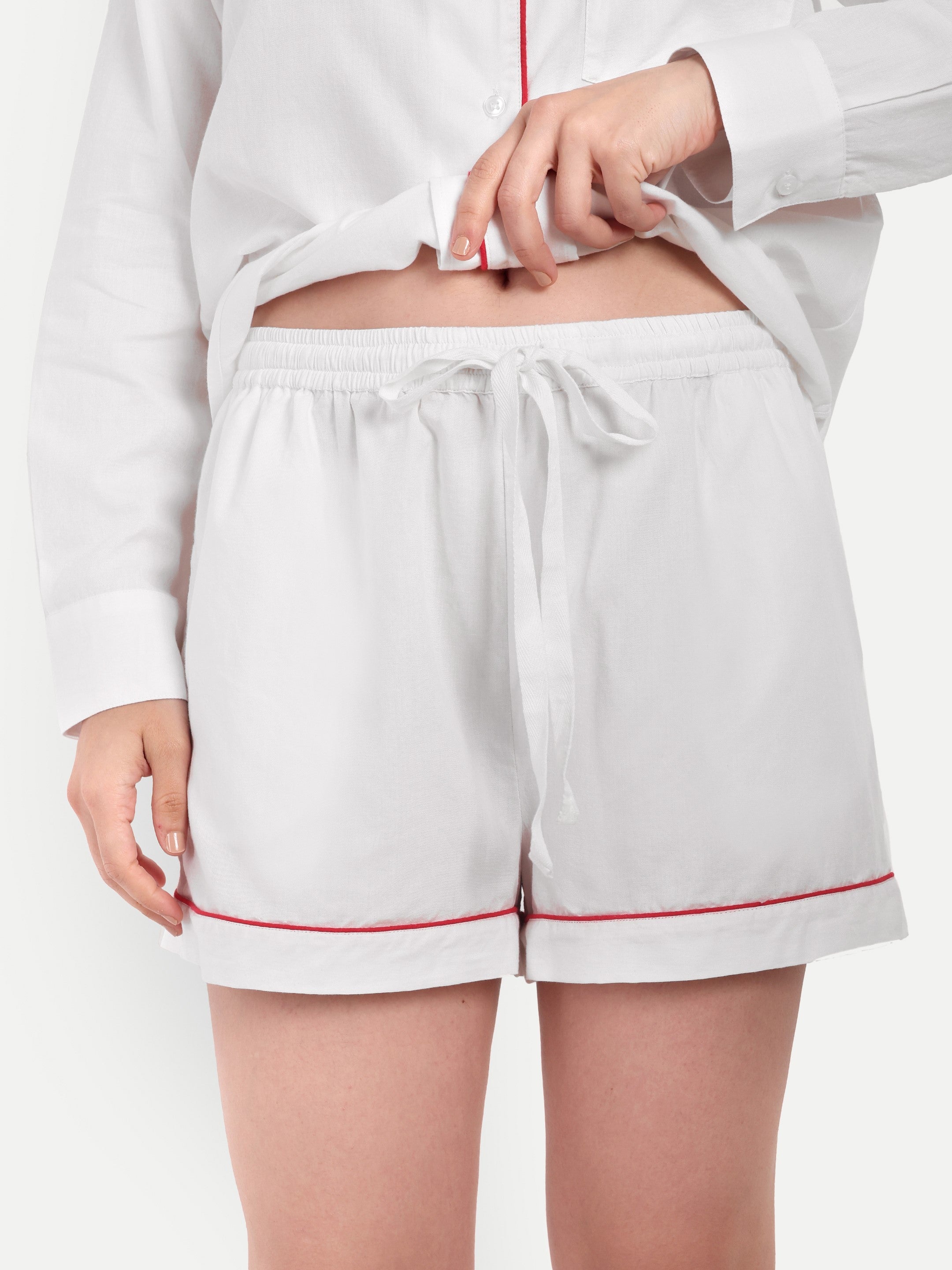 White Red Piping Long Shirt Short Set