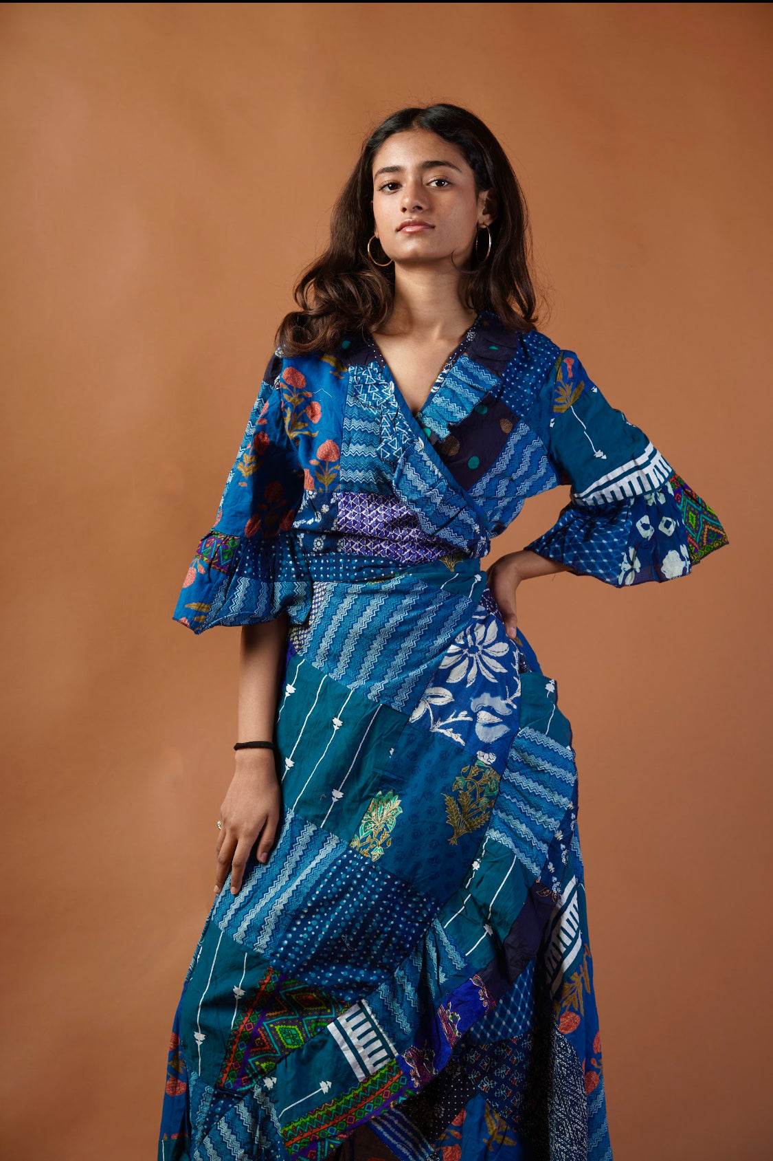 One of a Kind Blue Cotton Patchwork Wrapped Dress