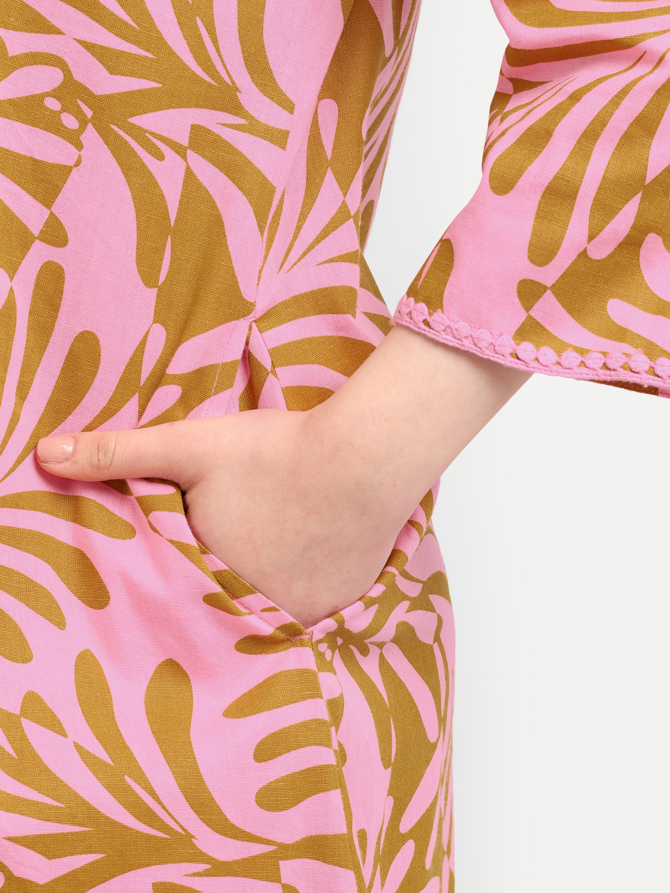 Pink Palm-Print 
Embroidered Dress