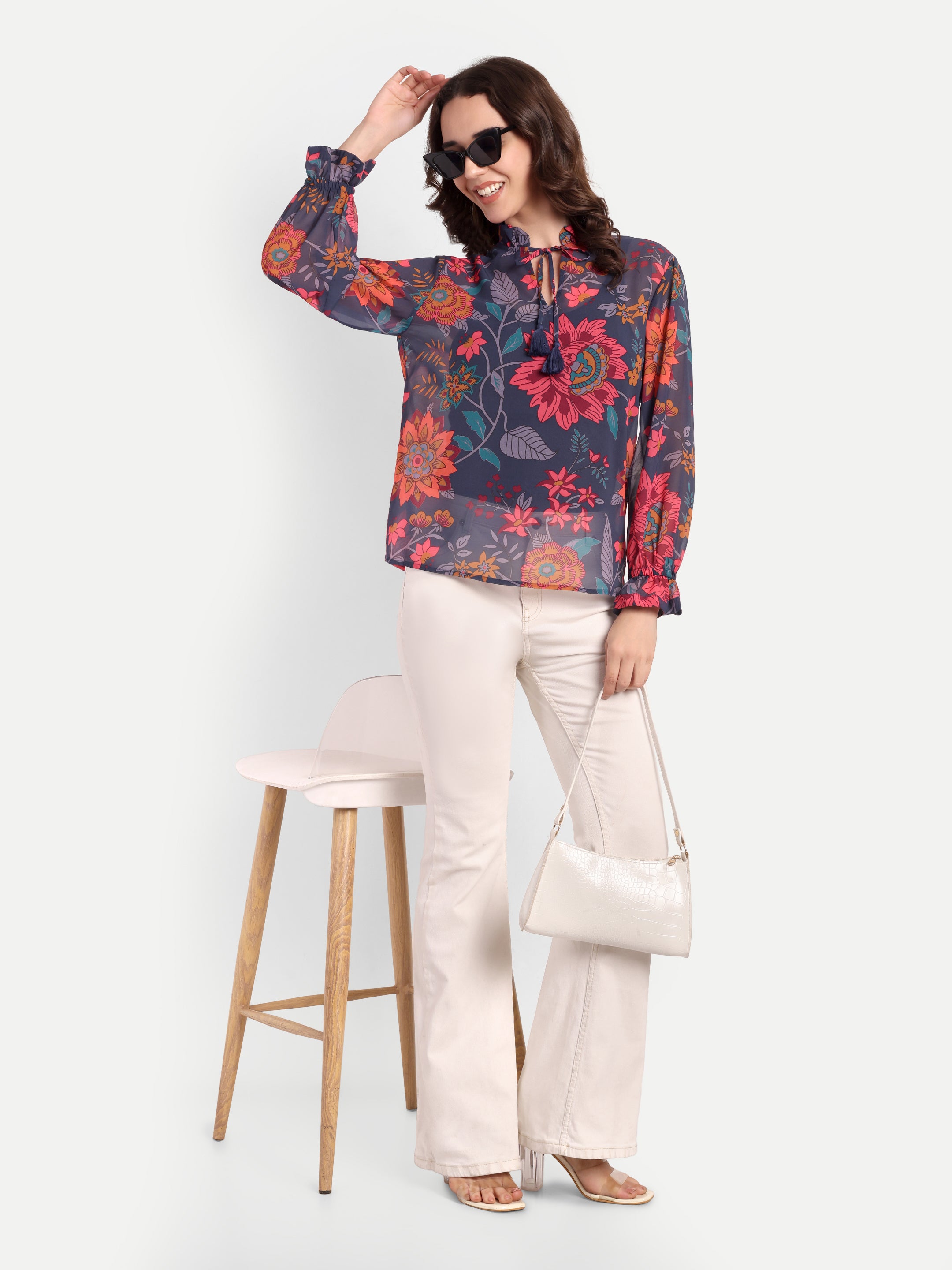 Midnight Bloom Ruffle Neck Top