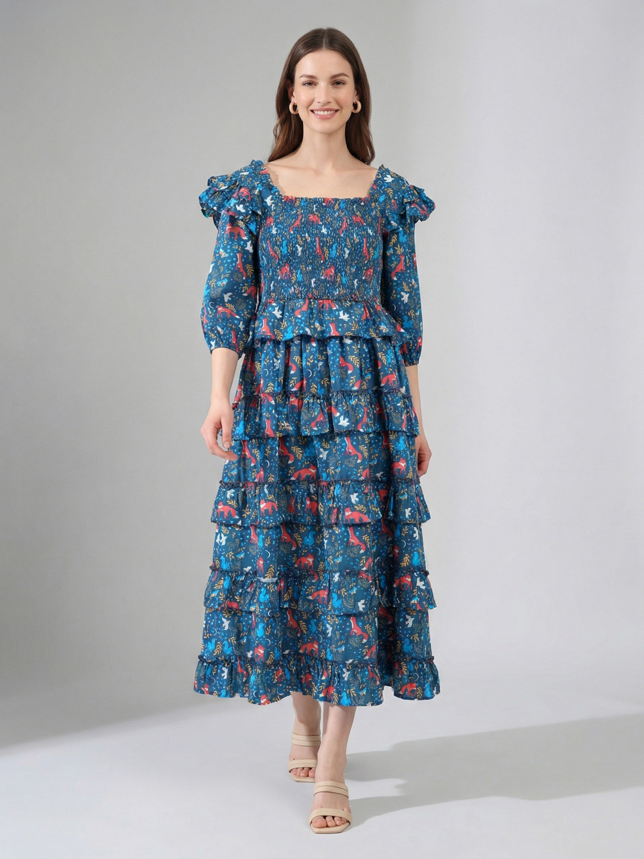 Midnight Woodland 
Smocked Midi Dress”