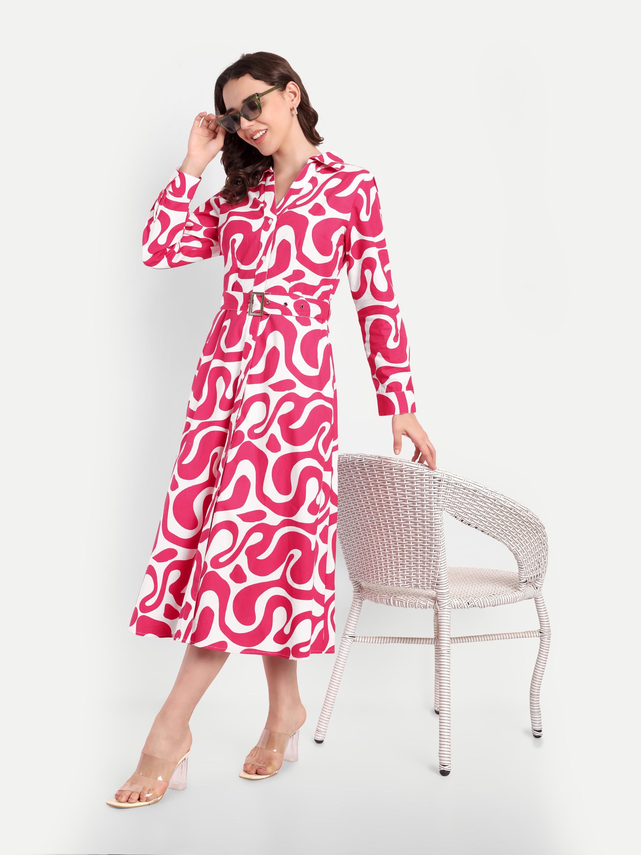 Pink Swirl Belted Shirt Dress