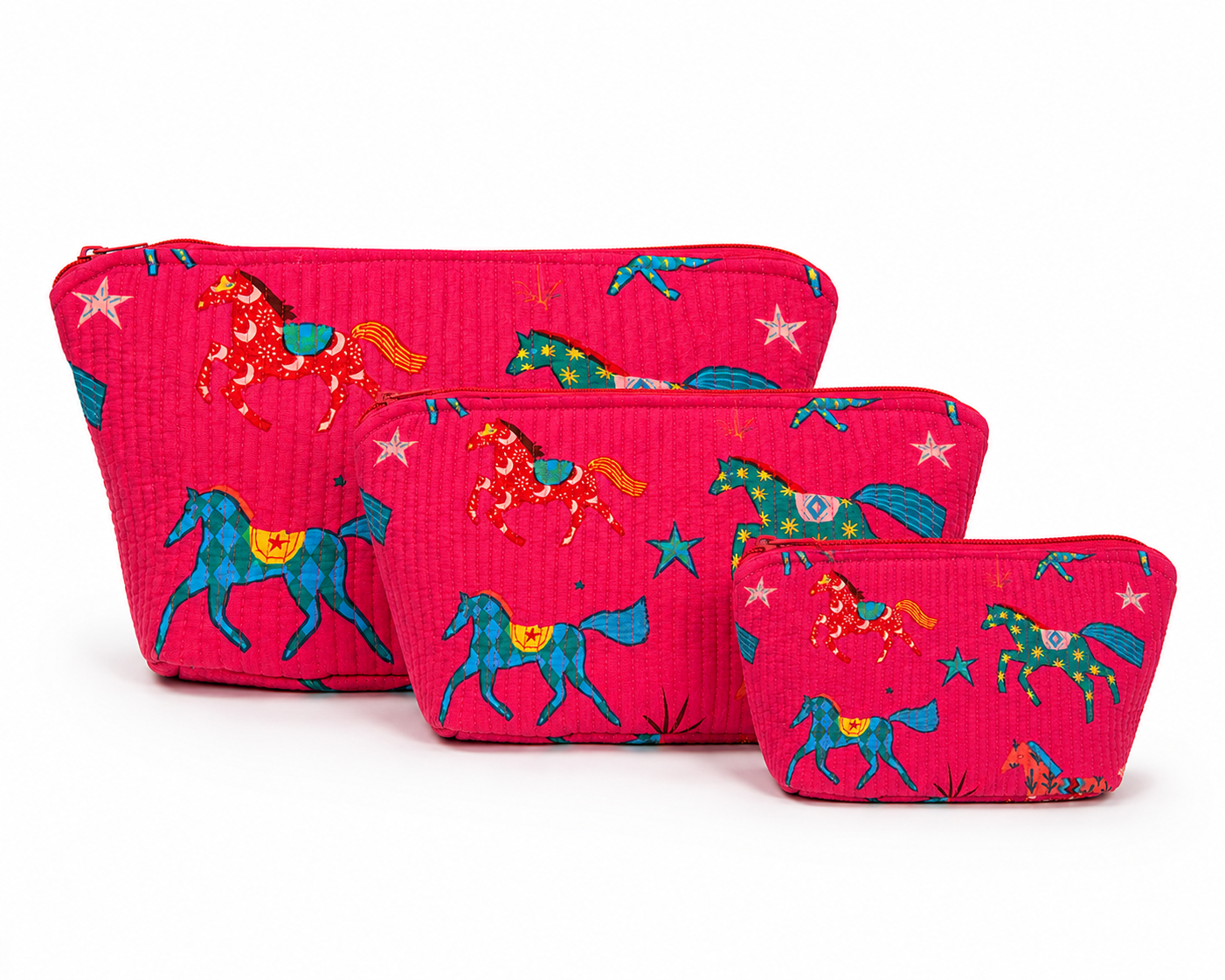Artisan Quilted Pouch Set - Pink Horses