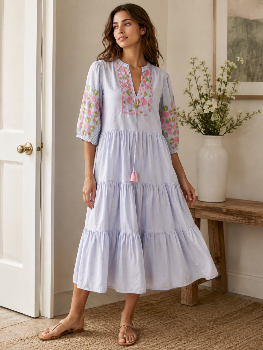 Grey Embroidered Tiered Midi Dress