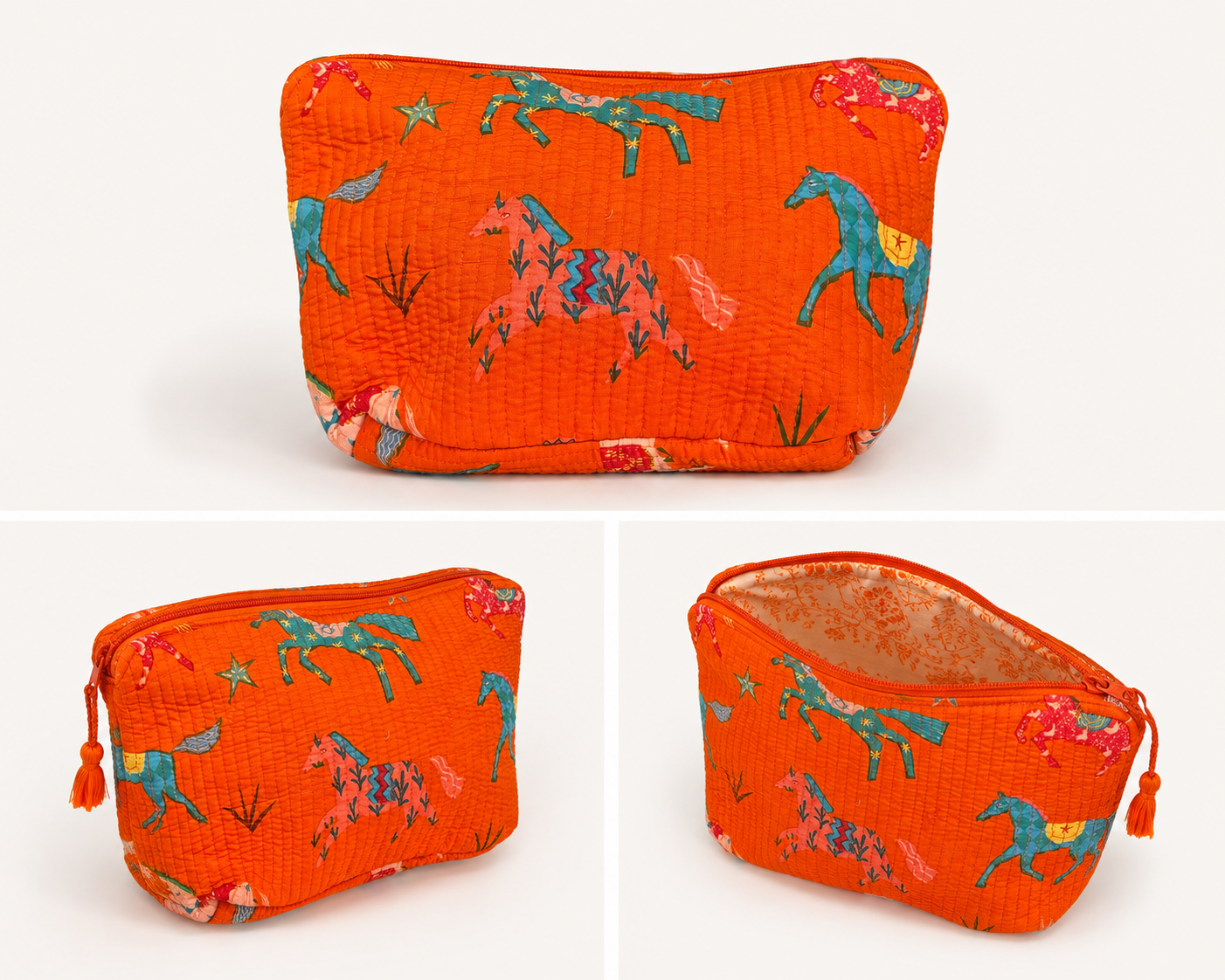 Artisan Quilted Pouch Set - Orange Horses