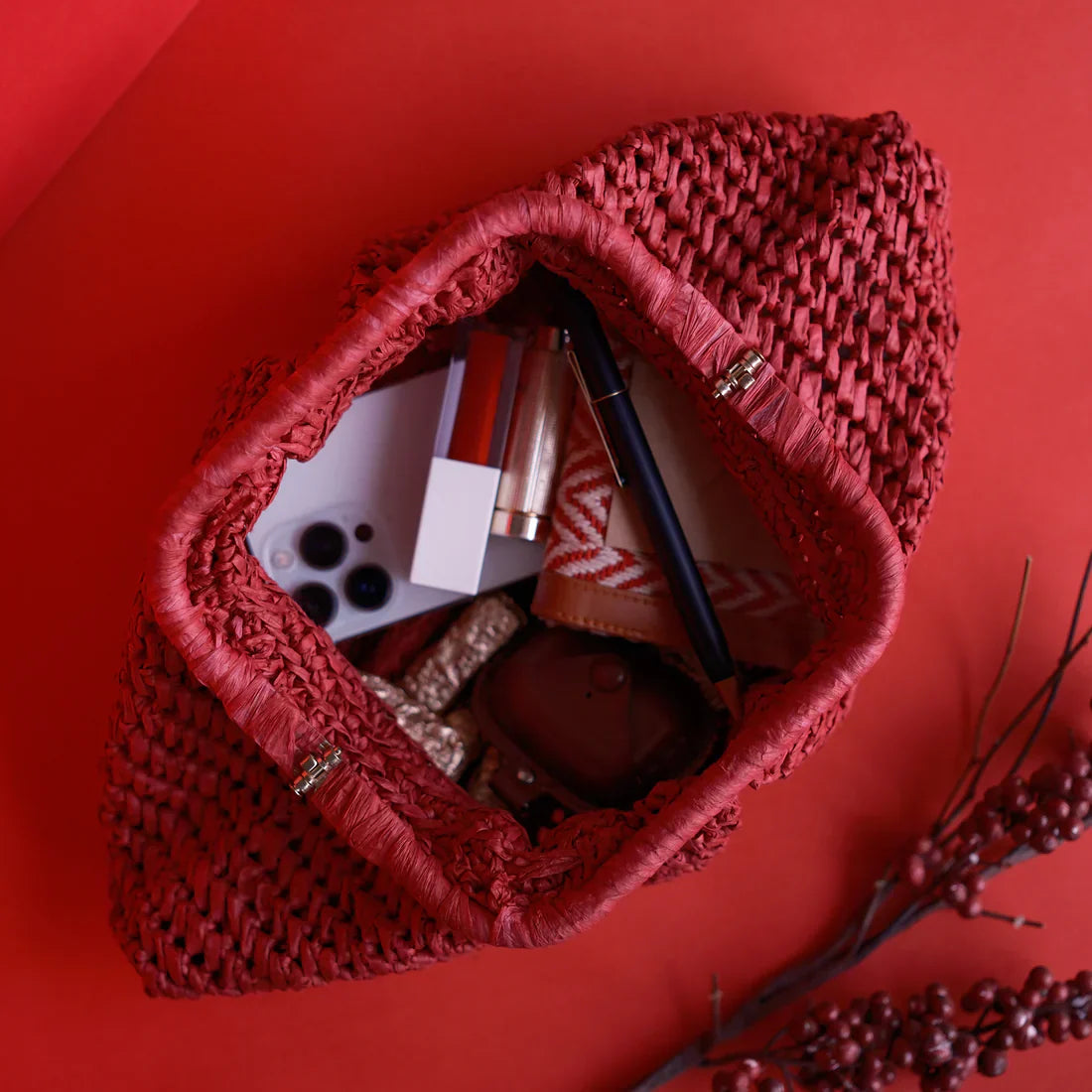 Cherry Raffia Clutch
