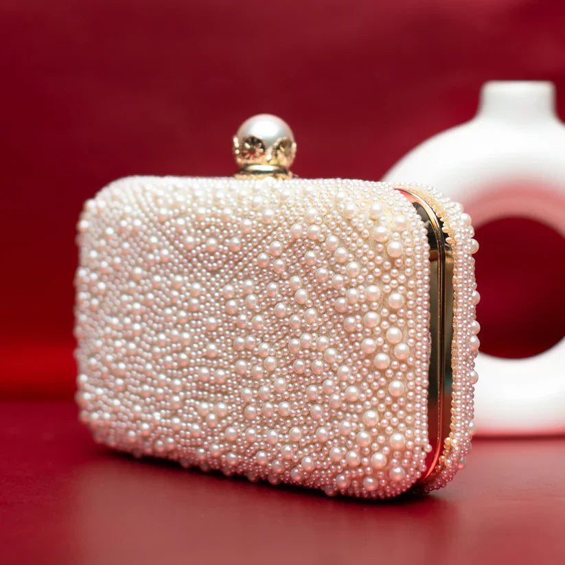 White Stripe Pearl Beaded Evening Clutch