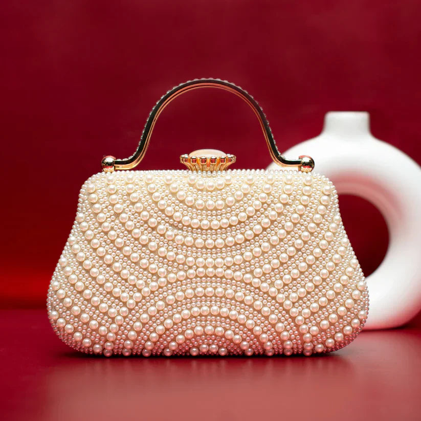 White Pearl Embellished Party Clutch