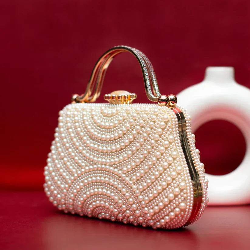 White Pearl Embellished Party Clutch