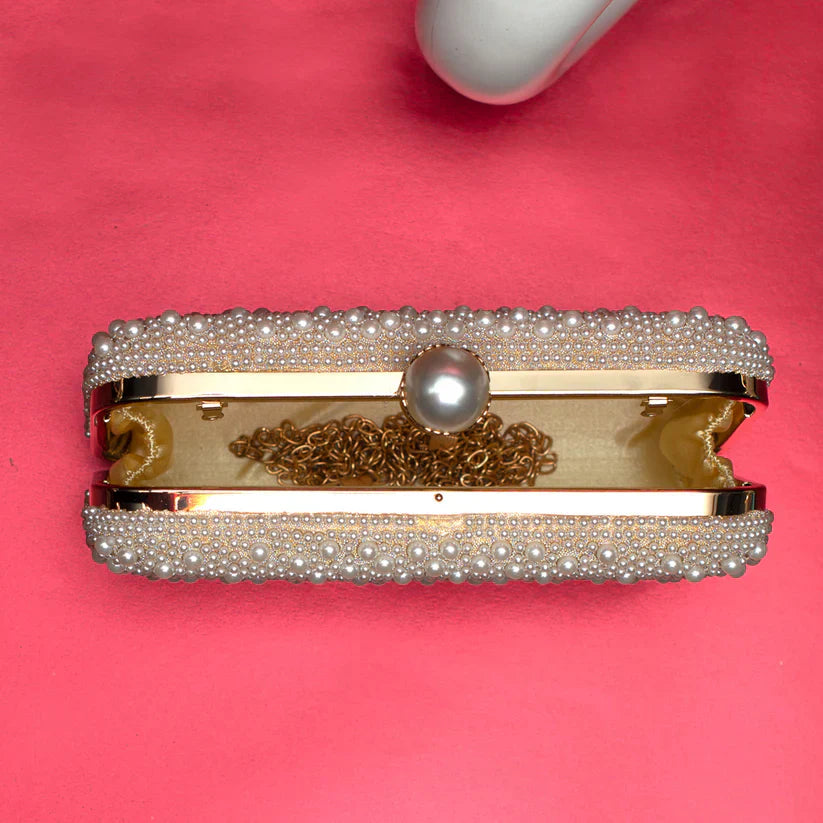 White Stripe Pearl Beaded Evening Clutch