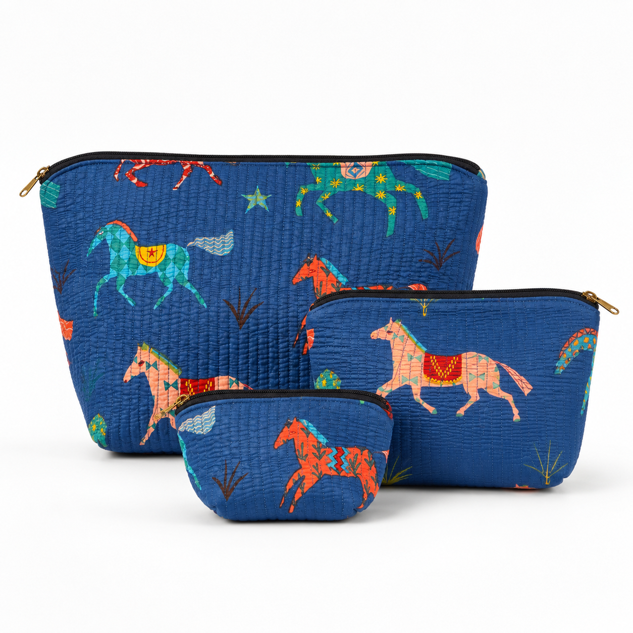 Artisan Quilted Pouch Set - Blue Horses