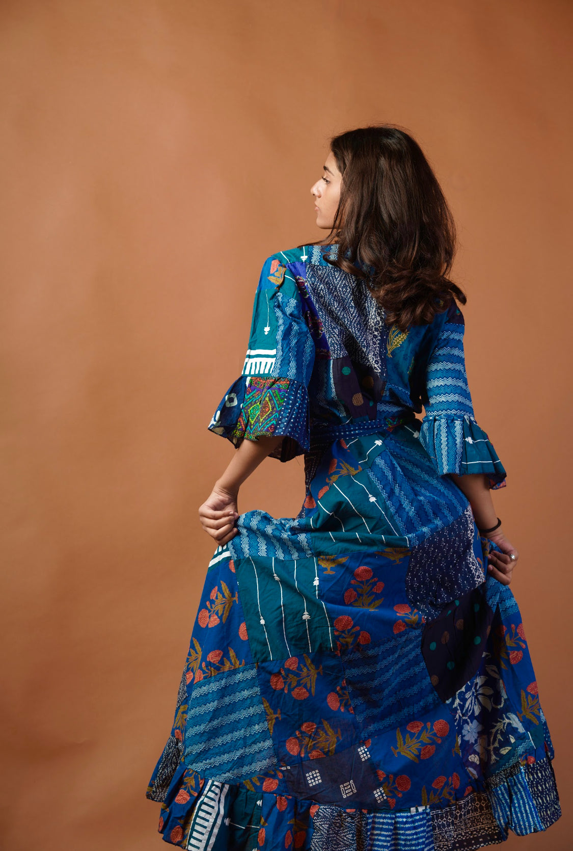 One of a Kind Blue Cotton Patchwork Wrapped Dress