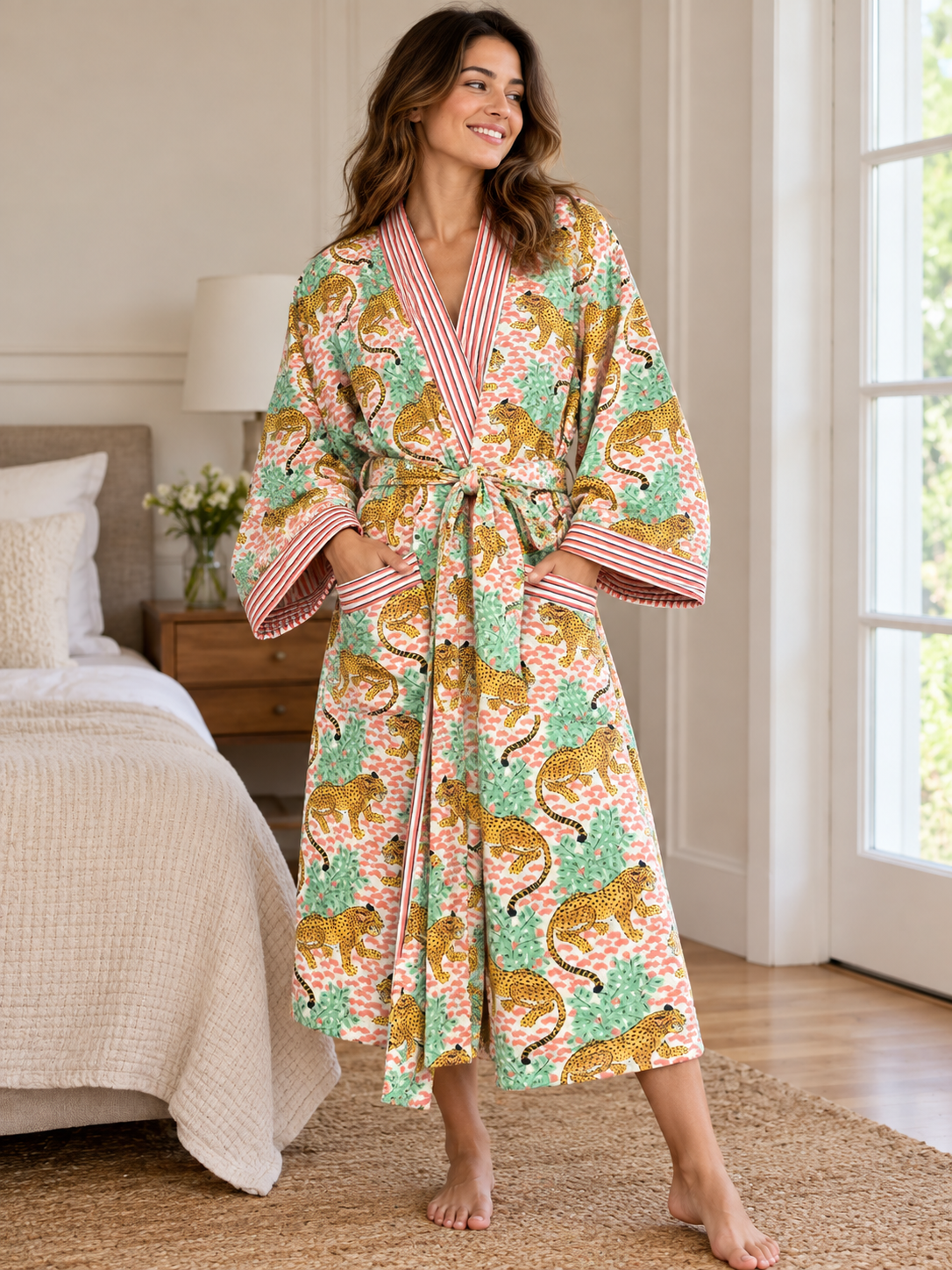 Quilted cotton puffer kimono jacket Pink Leo