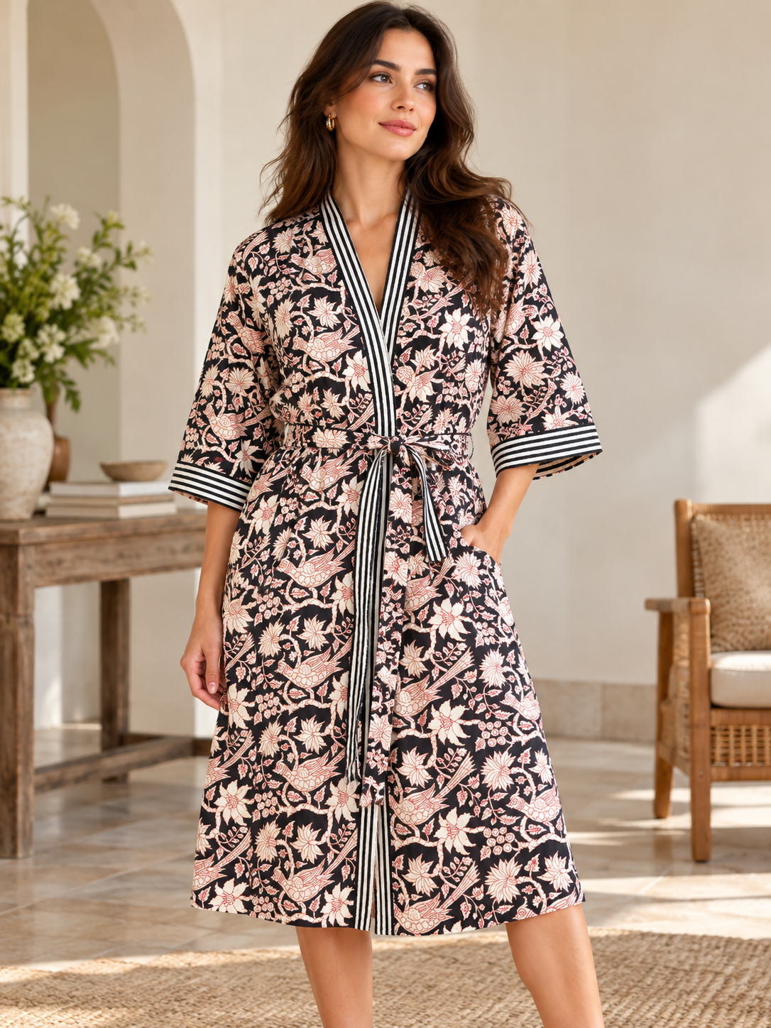 Quilted cotton puffer kimono jacket black and pink Birdy