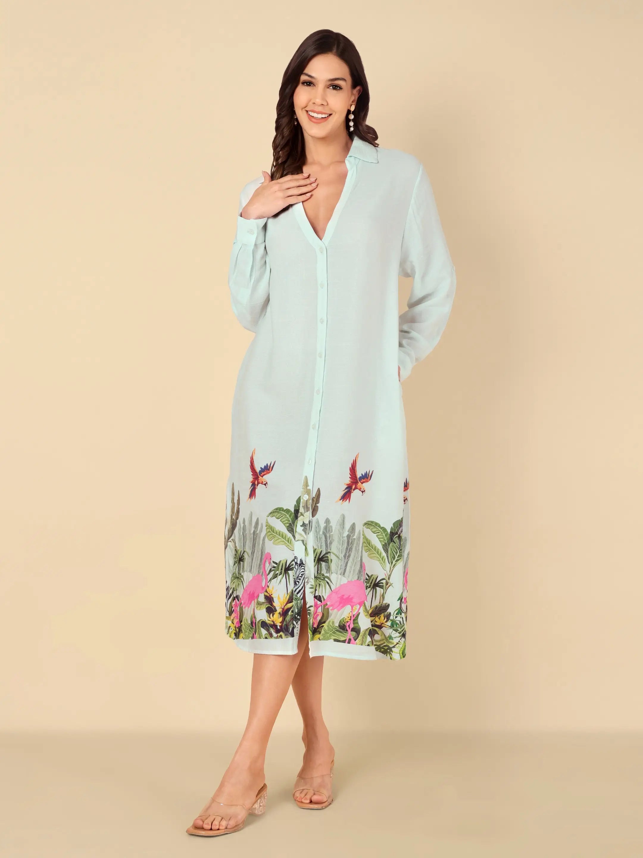 Mint Flamingo Shirt Dress
