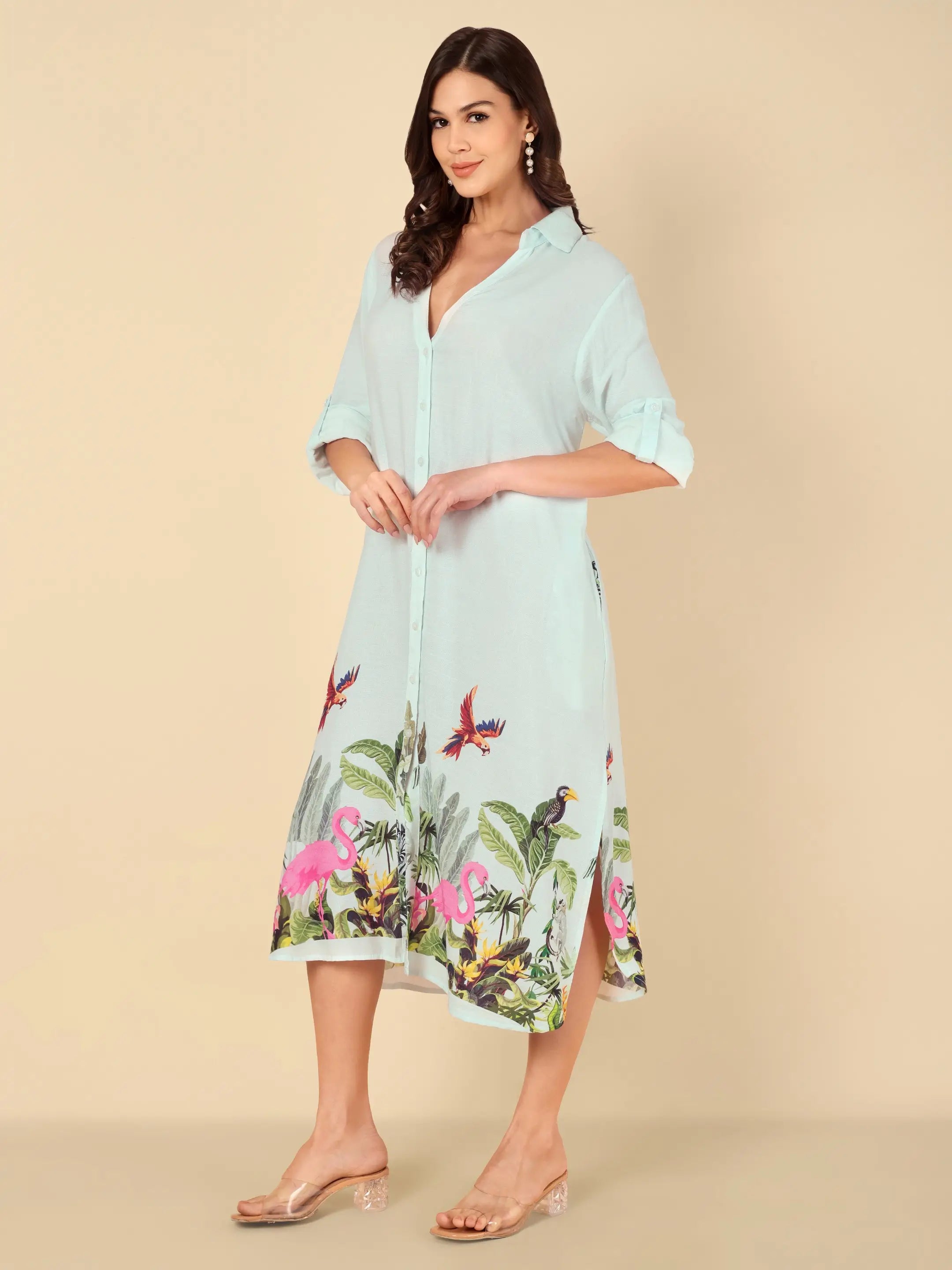 Mint Flamingo Shirt Dress